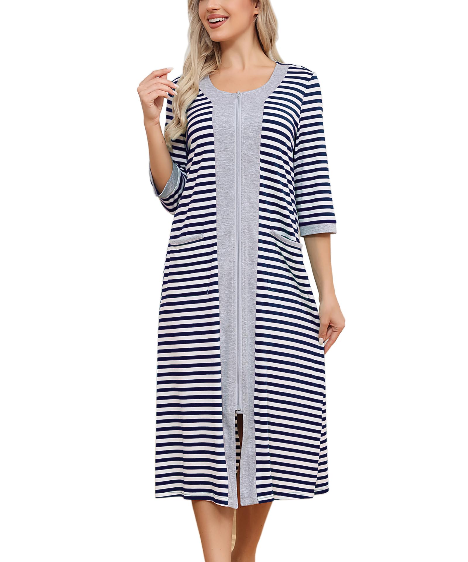 Citridarll Women Robes Zipper Front Long House Coat Full Length Nightgowns Striped Loungewear with Pockets, Stripe Navy, Large