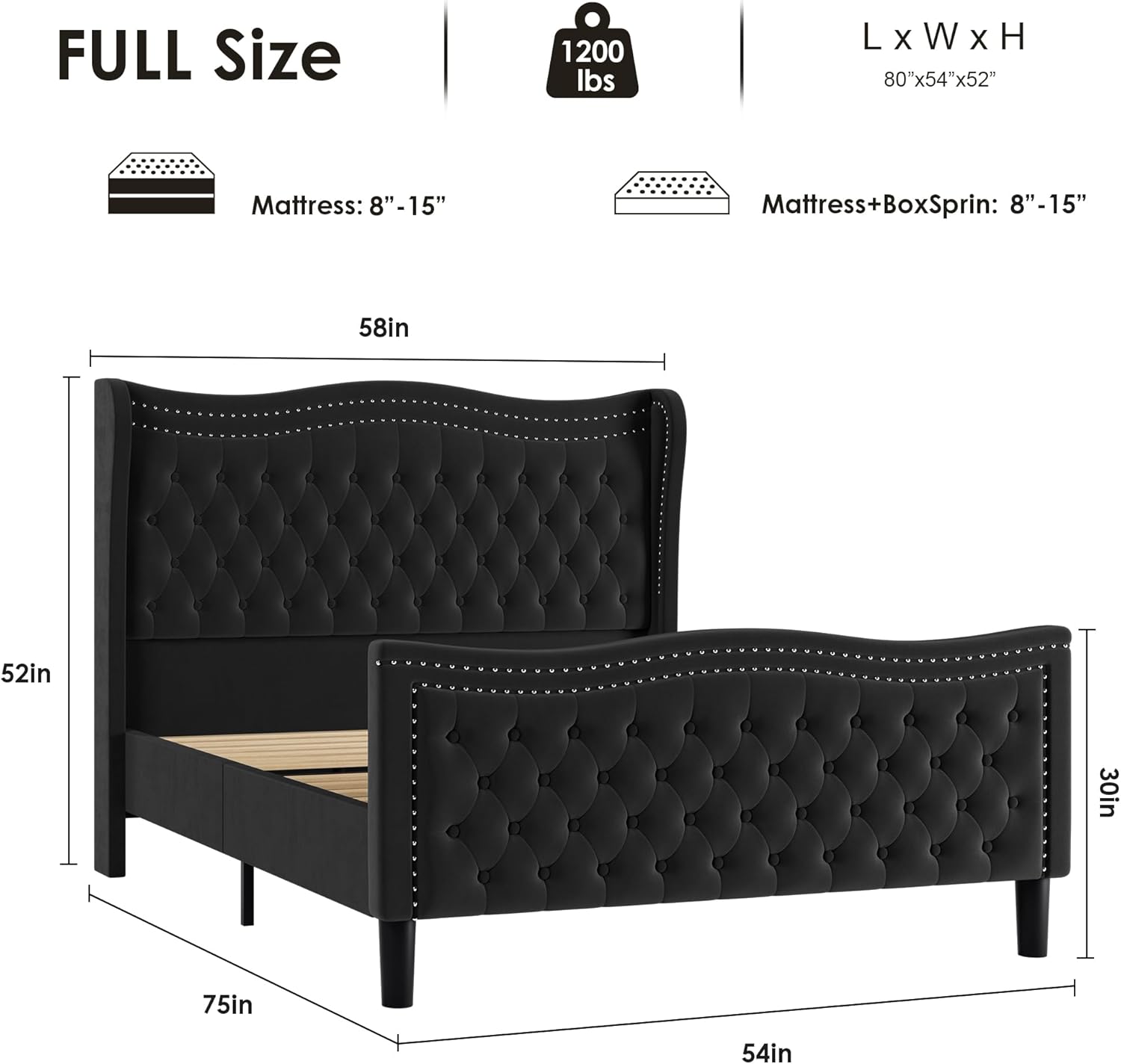 Generic Full Bed Frame, 52"" Headboard Upholstered Bed with Tall Footbaord, Velvet Upholstered Deep Button Tufted Wingback Platform Bed, No Box Spring Required/Wood Slat Support/Black