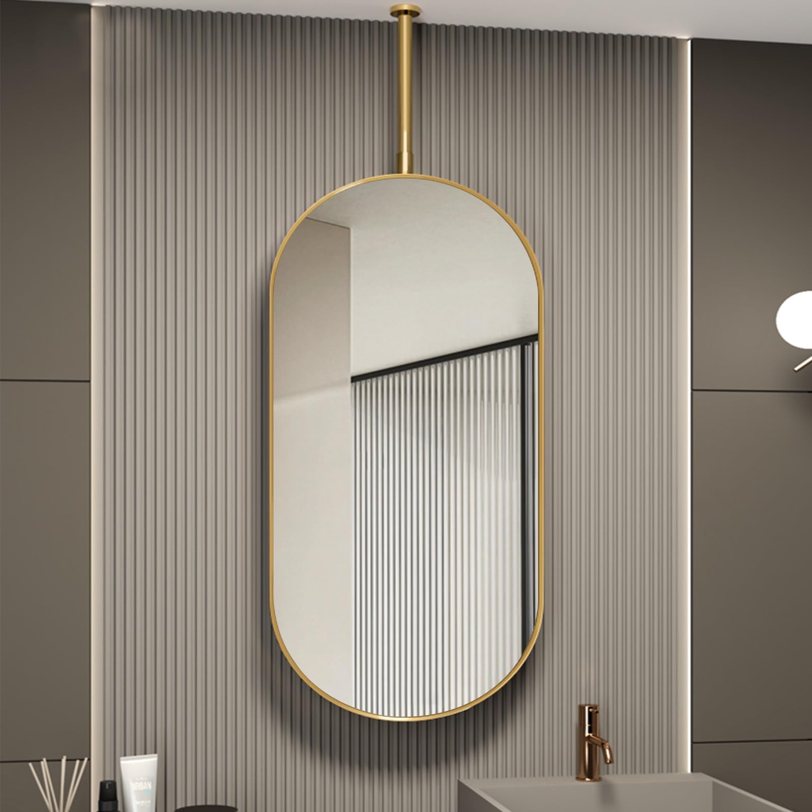 ITOSUI Hanging Pole Mirror on the Ceiling, Floating Simple Glass Mirror with Metal Frame and Boom - Pole can be Customized, Wall Bathroom Vanity Makeup Mirror Modern Shaving Mirror(50cmx60cm)