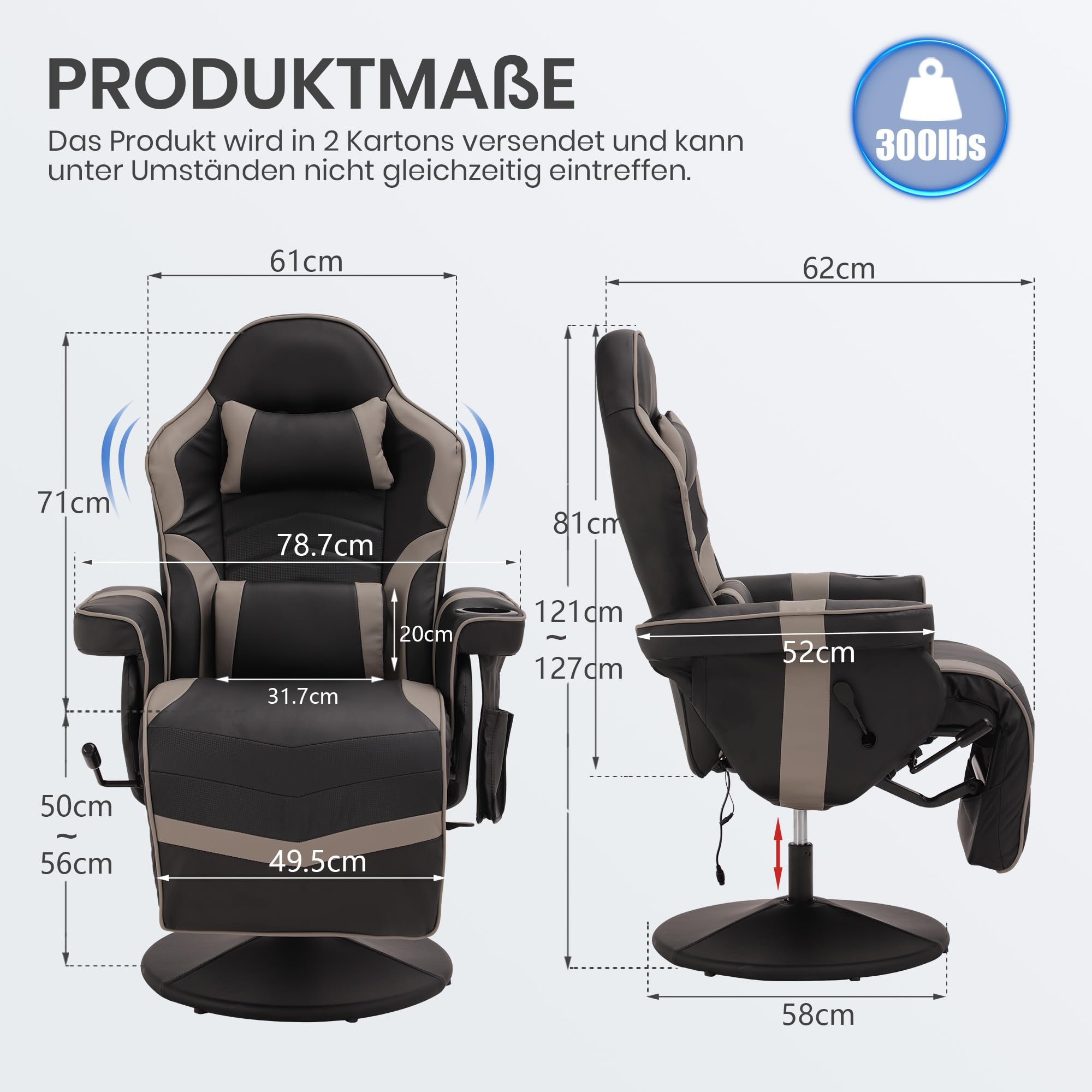 Relaxsessel Fernsehsessel mit Liegefunktion, Massage Gaming Stuhl mit Höhenverstellbar & 360° Drehbar, Ergonomischer Racing Gaming Sessel Wohnzimmer, Manuell Verstellbar (Gray)