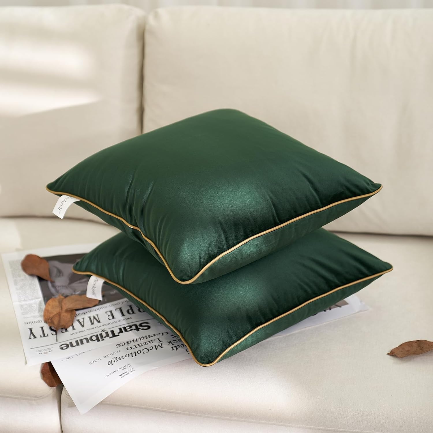 Aeckself Pack of 2 Green Velvet Pillow Covers 18 x 18 Inch, Modern Luxury Decorative Pillowcase with Gold Trim Edge, Comfortable Soft Solid Cushion Case for Couch Bedroom Living Room