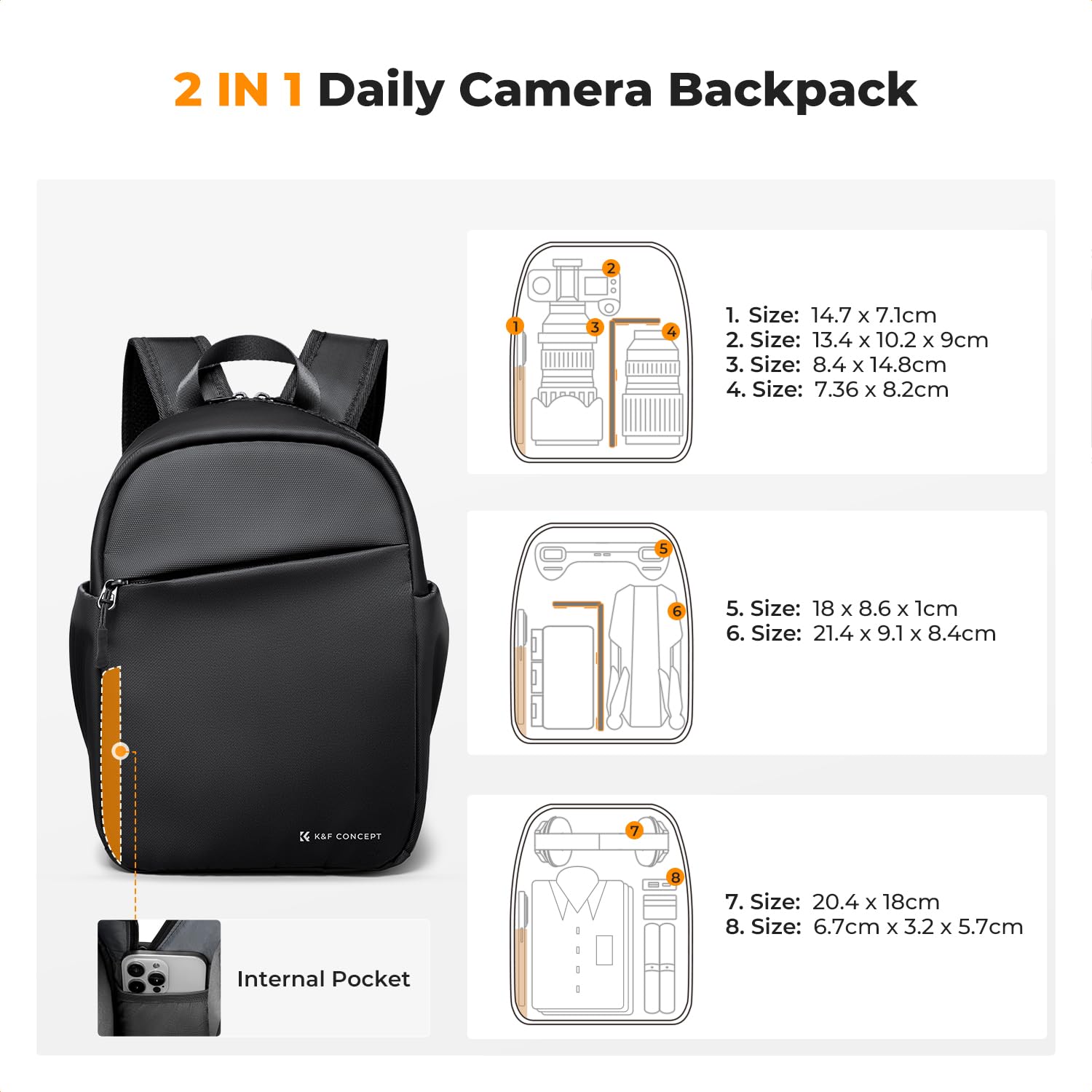 K&F CONCEPT Sac à dos pour appareil photo, petit sac à dos photo compact sacoche de protection épaisse pour appareil photo, résistante à l'eau, compatible avec un appareil photo, tablette 9,7 pouces