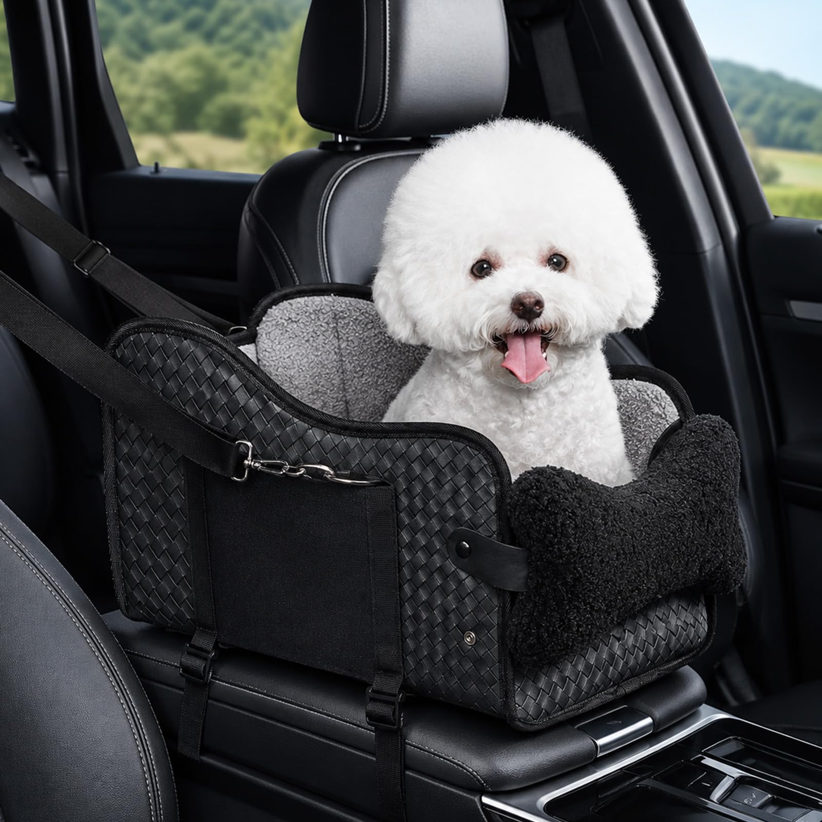 Center Console Dog Car Seat for Small Dogs, PU Leather Small Dog Car Booster Seat, Washable Foldable with Safe Protection Hooks Adjustable Straps and Storage Pocket Pet Up to 18lbs
