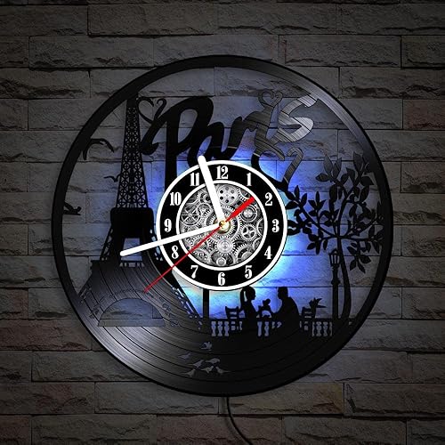 Miniatura 9 de The Geeky Days París Torre Eiffel LED Silencioso Disco de Vinilo Reloj de Pared 7 Color Luz 12 pulgadas Horizonte Francés París Multi Color Luminoso