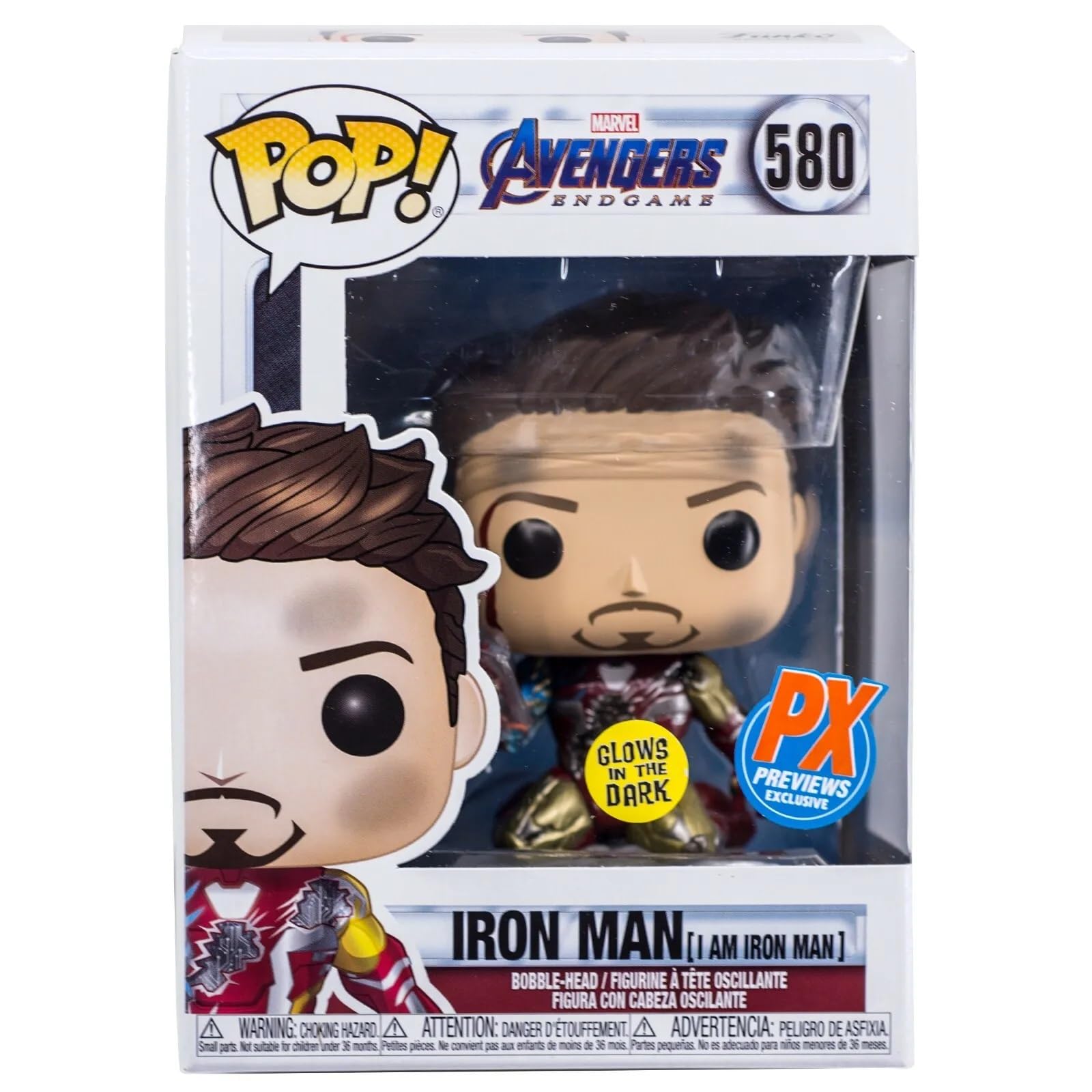 POP Marvel: Avengers Endgame – I Am Iron Man (leuchtet im Dunkeln) PX Previews Exklusive Funko-Vinyl-Figur (mit kompatibler Box-Schutzhülle), mehrfarbig, 9,5 cm