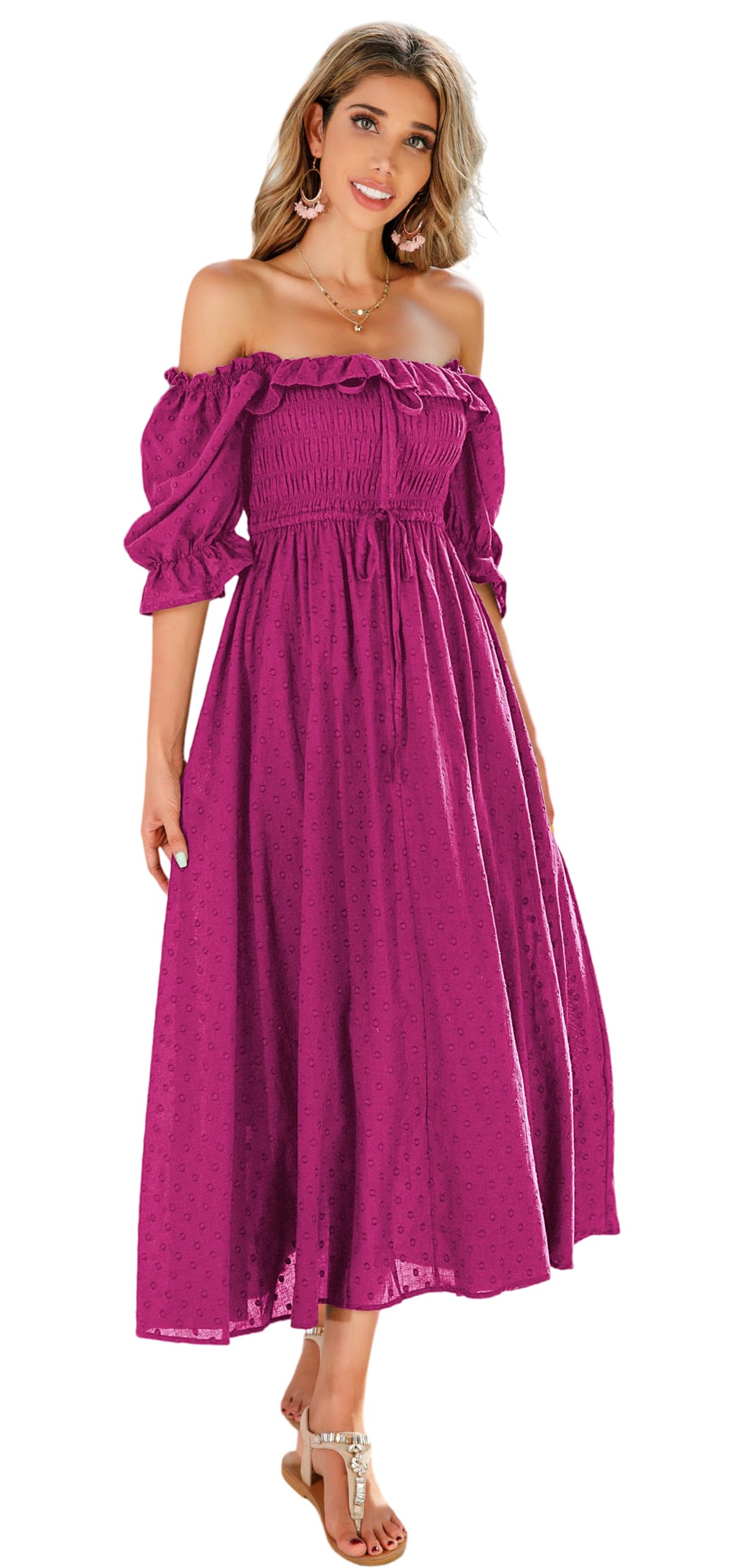 R.Vivimos Women Summer Cotton A Line Flowy Long Dresses | Half Sleeve, Ruffled, Vintage Elegant, Smocked Backless Dress, Maternity Shoot, Baby Shower, Casual Vacation Outfits