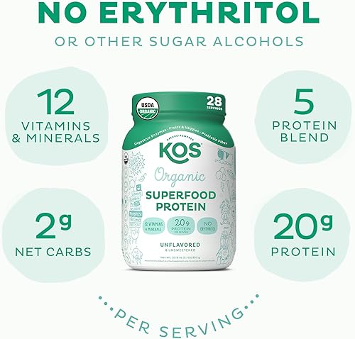 Miniatura 3 de KOS Proteína vegana en polvo, sin sabor y sin azúcar, mezcla de proteínas de guisante baja en carbohidratos, superalimento orgánico rico en