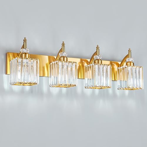 Luces de tocador de cristal doradas con 4 luces de baño, lámparas sobre espejo, lámpara de tocador moderna para baño