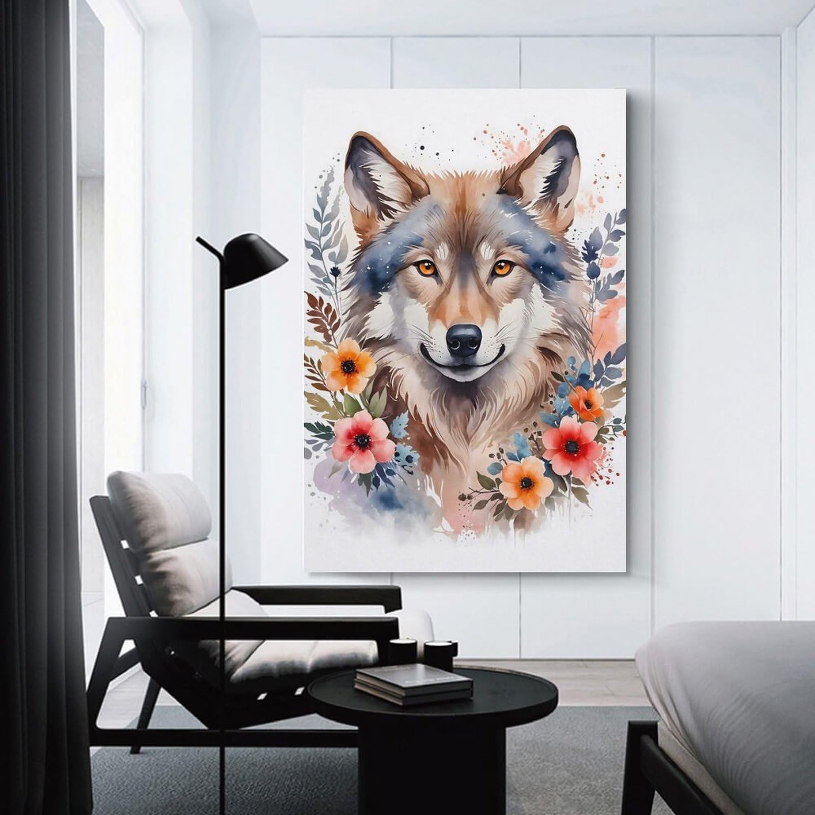 Junmoney Unframe-Style-4 Canvas Art Print Wolf Watercolor Portrait, 24X36inch(60X90cm), For Office, Study Or Home Workspace, Wall Art That Adds Style To Work Areas