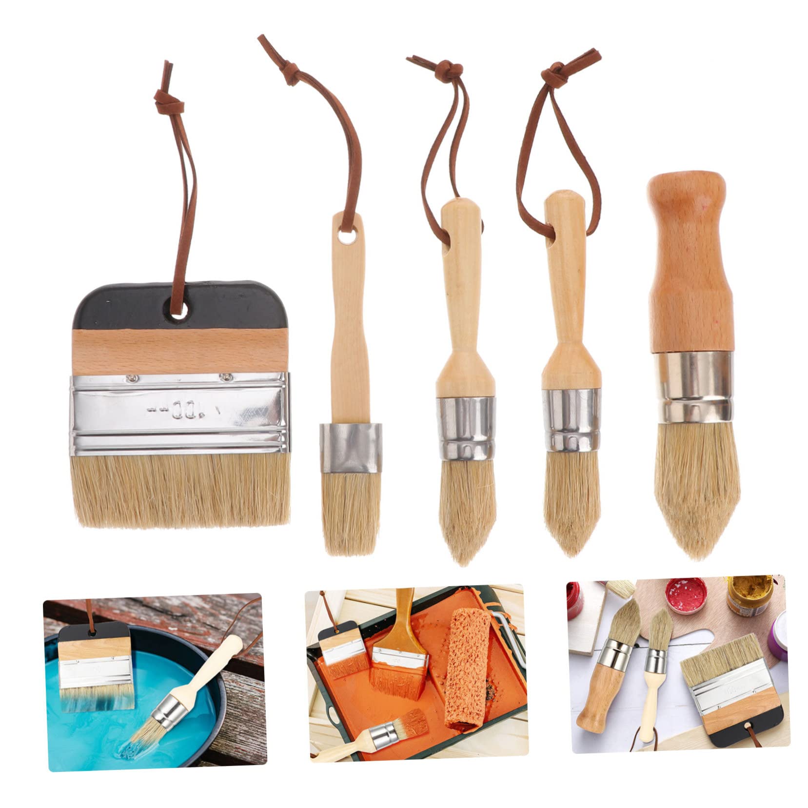 Set de Pinceaux Ronds en Bois Poils Naturels Lot de 5 Manche en Bois et Alliage D'aluminium, Pinceaux Efficaces pour Peinture et Décoration Intérieure