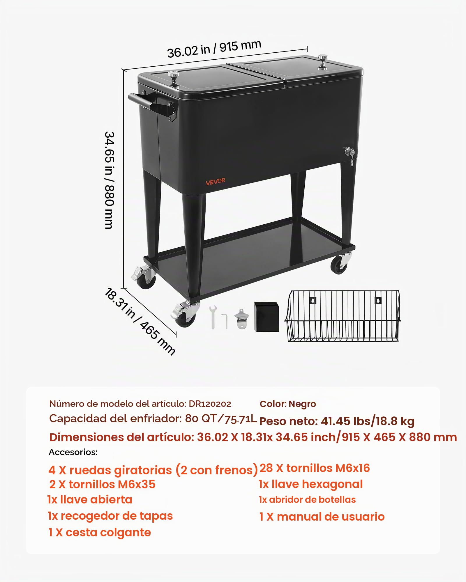 VEVOR Carrito Nevera con Ruedas 75,71 L, Carrito Refrigerador con Estante Inferior, Canasta Lateral, Abridor de Botellas, Enfriador de Bebidas Portátil para Fiestas en Exterior, Camping, Negro