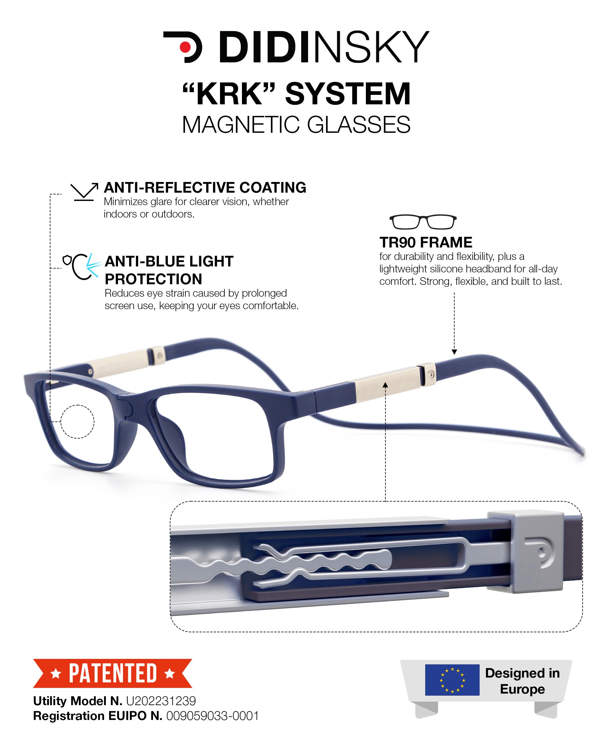 DIDINSKY Krik Occhiali da Lettura Magnetici, Anti Luce Blu | Chiusura magnetica frontale · Per leggere da vicino · Anti luce blu · Ingrandimento +1.0 a +3.0 · Custodia inclusa
