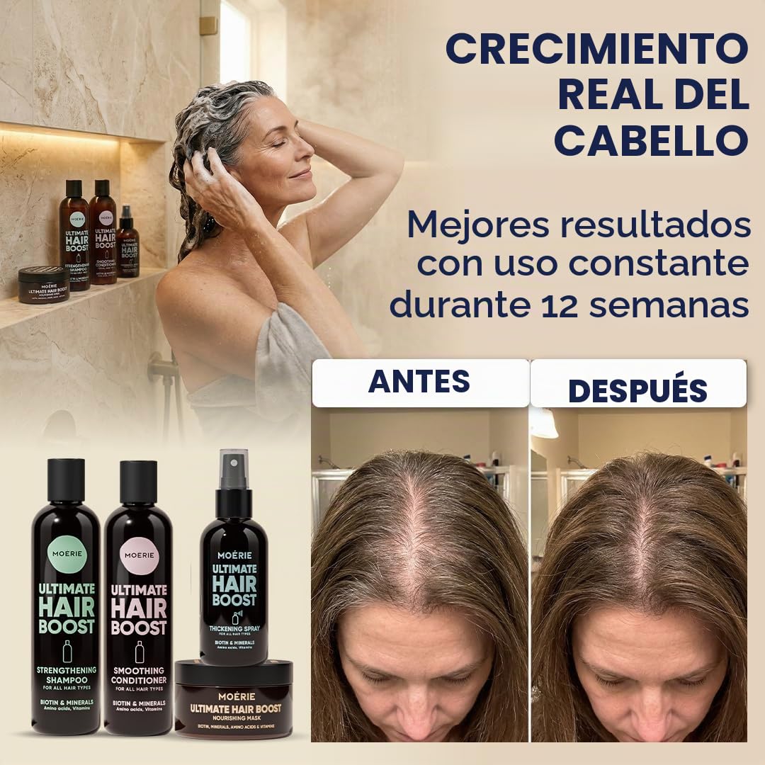 Moerie Set champu de cabello crecimiento y acondicionador pelo Plus mascarilla pelo y Spray – Cabello Más Largo, Más Fuerte –Voluminizadores para el Cabello – Sin Parabenos ni Silicona – 8 productos
