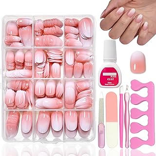 360 Stück Press on Nails Almond Kit - Nude Rosa Farbverlauf Weiß Künstliche Nägel Kurz Oval - Full Cover Falsche Nägel - Hochglänzende Kunstnägel Zum Aufkleben für Frauen & Mädchen (Short Mandel)