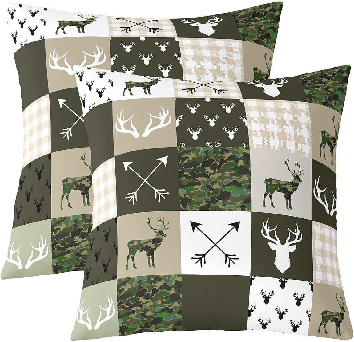 Green Camouflage Pillow Covers Deer Wild Animal Antlers Decor Pillow Cases for Boys Girls Adults Vintage Plaid Western Jungle Rustic Style Cushion Covers for Sofa Living Room 22x22 Inch Set of 2