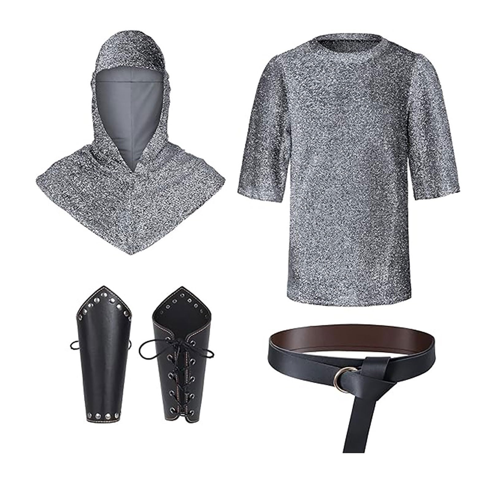 Morph Knight Costume Adult, Renaissance Faux Chain Mail Armor Tunic Shirts Coif Medieval Knight Chainmail Shirt Cowl Crusader Costumes Halloween Cosplay Outfit Set with Bracers Waist Belt Silver