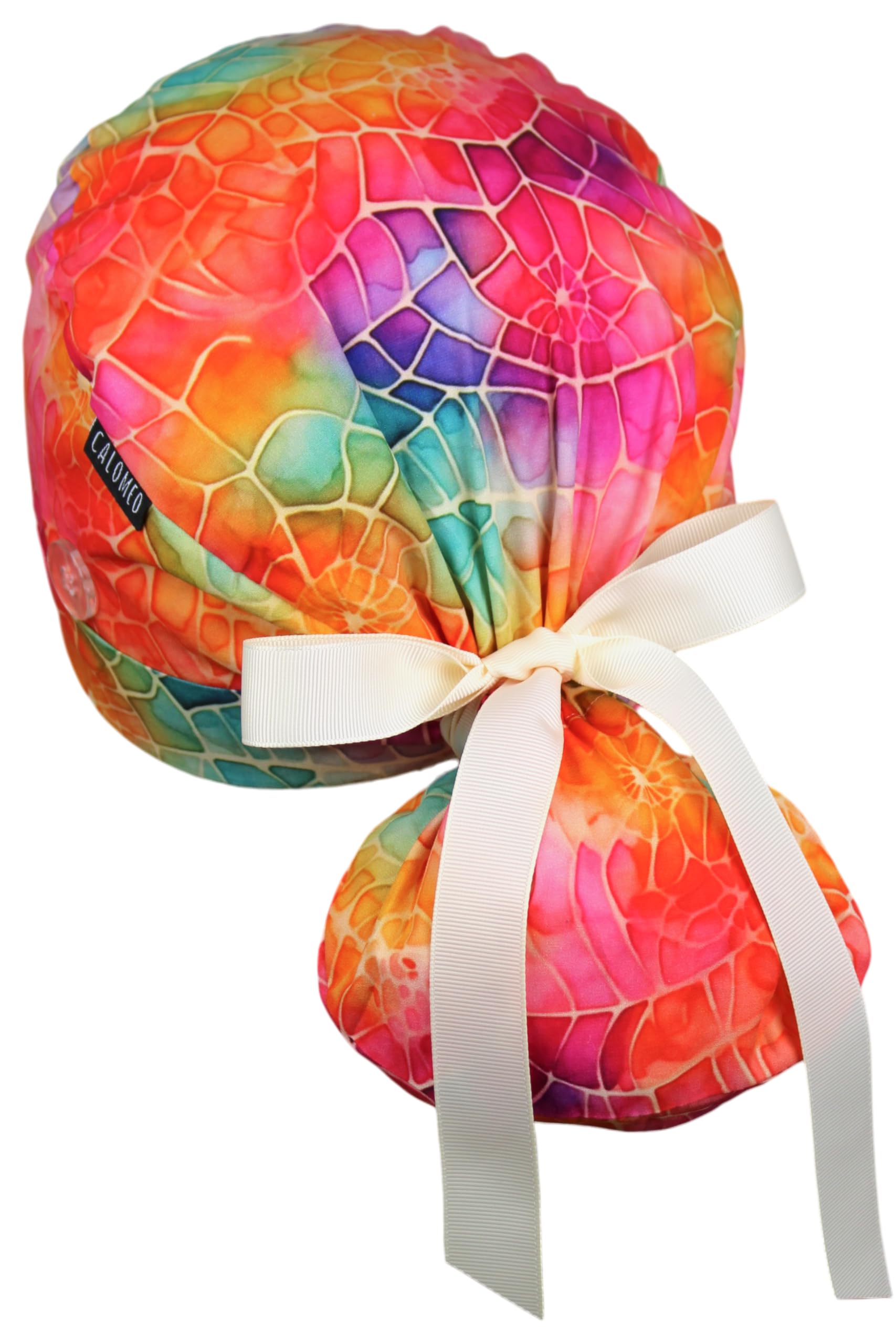 Scrub Cap for Women and Men, Ponytail Scrub Caps, Working Hat, Head Cover with Ribbon Ties and Buttons, Long Hair
