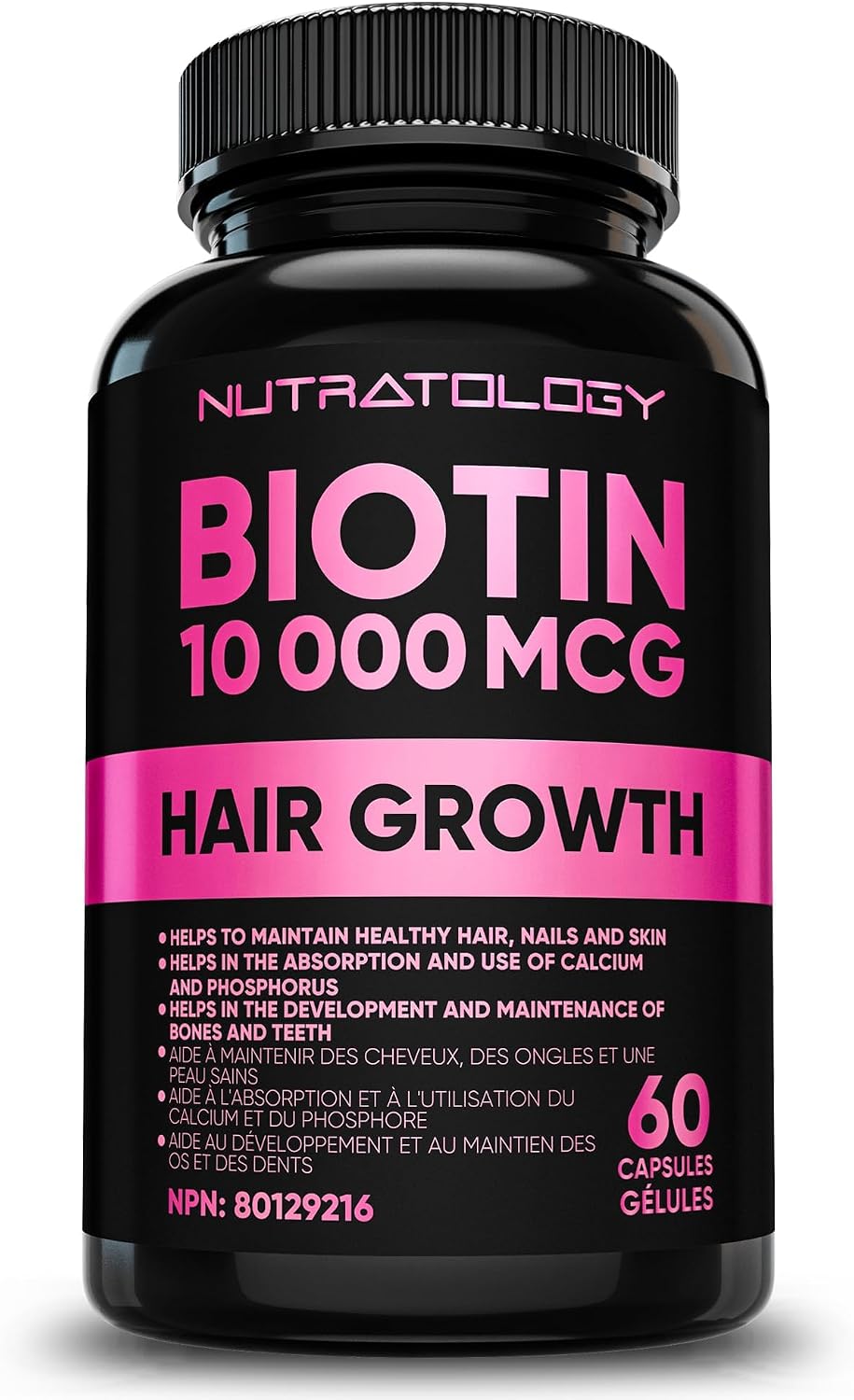 Biotin 10000MCG Hair Vitamins For Hair Growth Women | Canadian-Made | Promotes Healthy Skin & Nail Growth - Supports Muscle Function - Biotin Supplement - Hair Growth Products for Women - 60 capsules