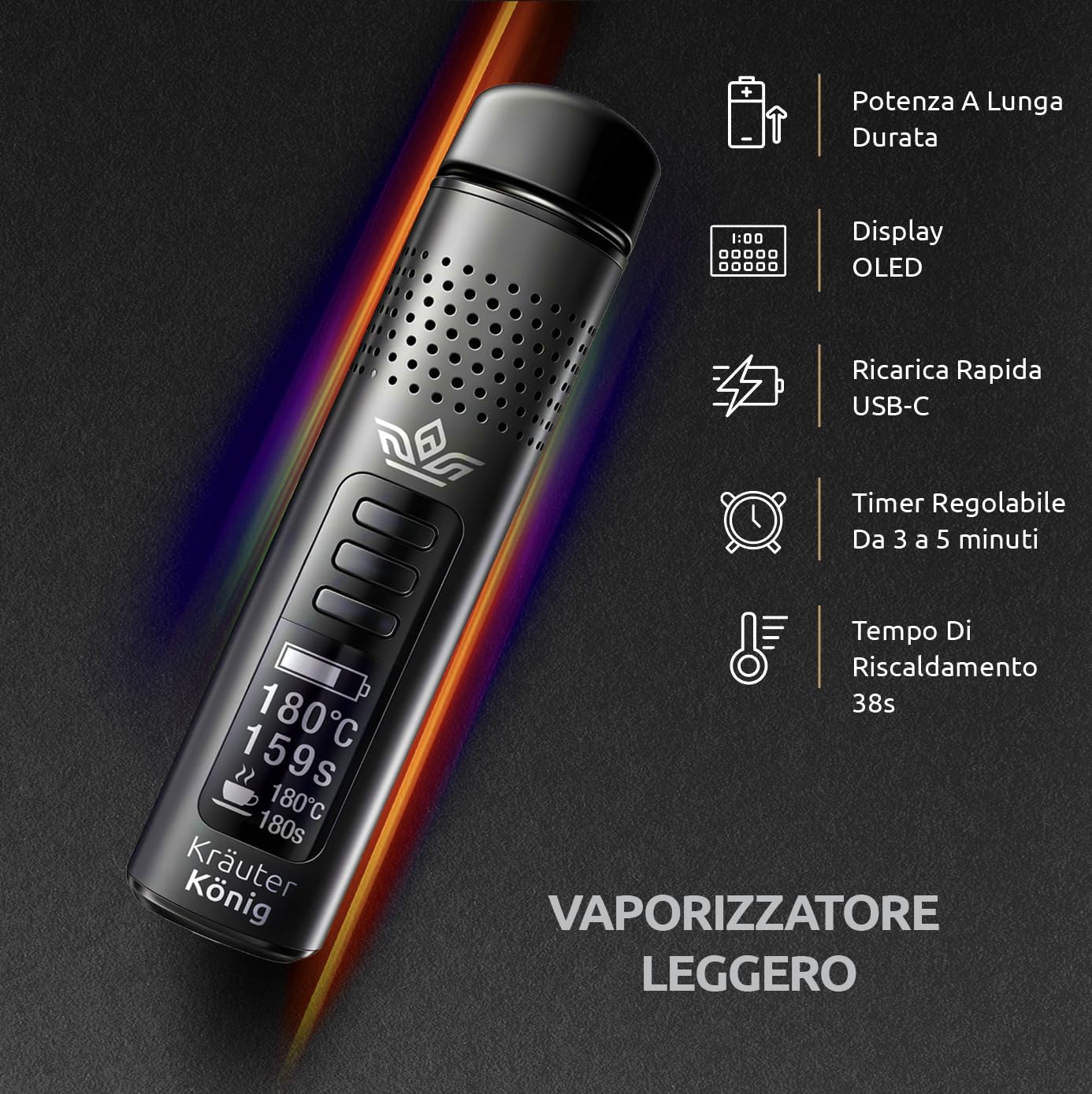 K1 Vaporizzatore Erba | Garanzia 2 Anni, Vaporizzatore con Batteria da 1.000mAh, Timer, Display OLED e 38 Secondi fino a 224°C