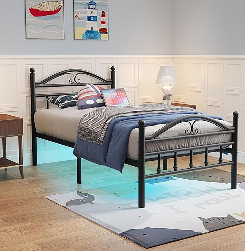 Miniatura 8 de Marcos de Cama Tamaño Twin con Estación de Carga, Marco de Cama de Plataforma de Metal Negro con Luces LED, Soporte de Listones de Acero Metal