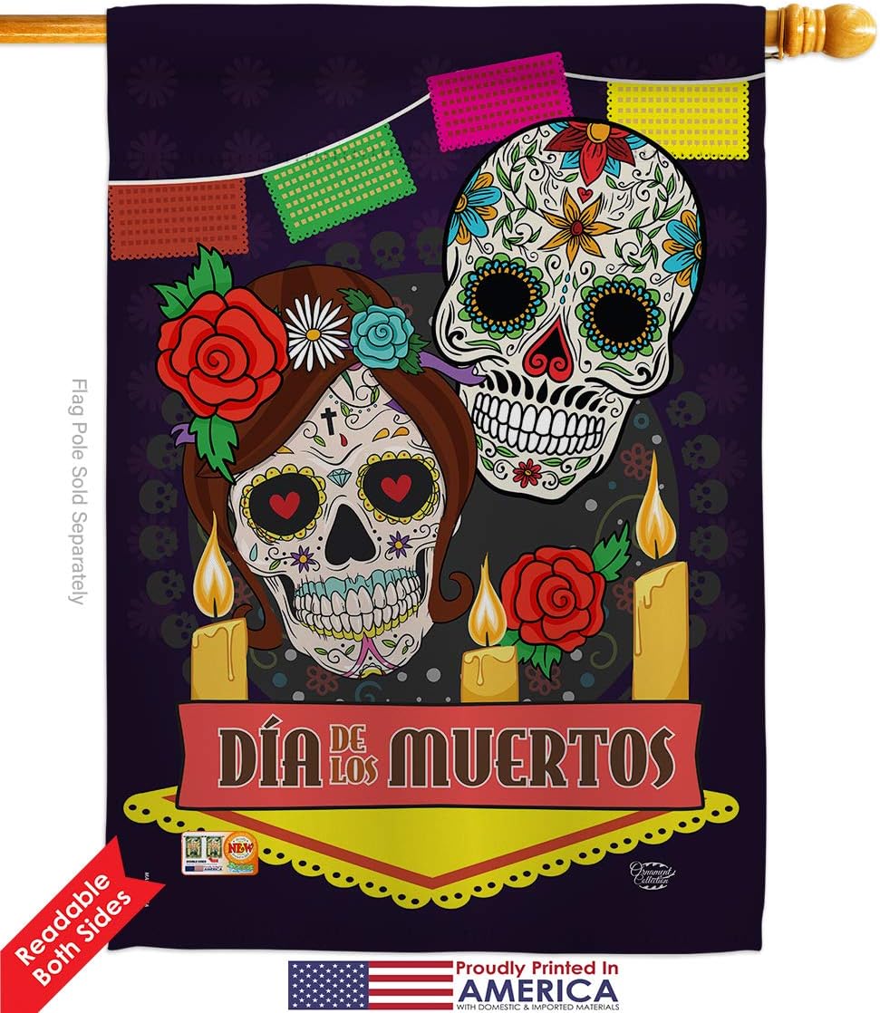 Dia de los Muertos House Flag Falltime Day of Dead Fiesta Mexican Party Autumntime Small Decorative Gift Yard Banner Double-Sided Made In USA 28 X 40