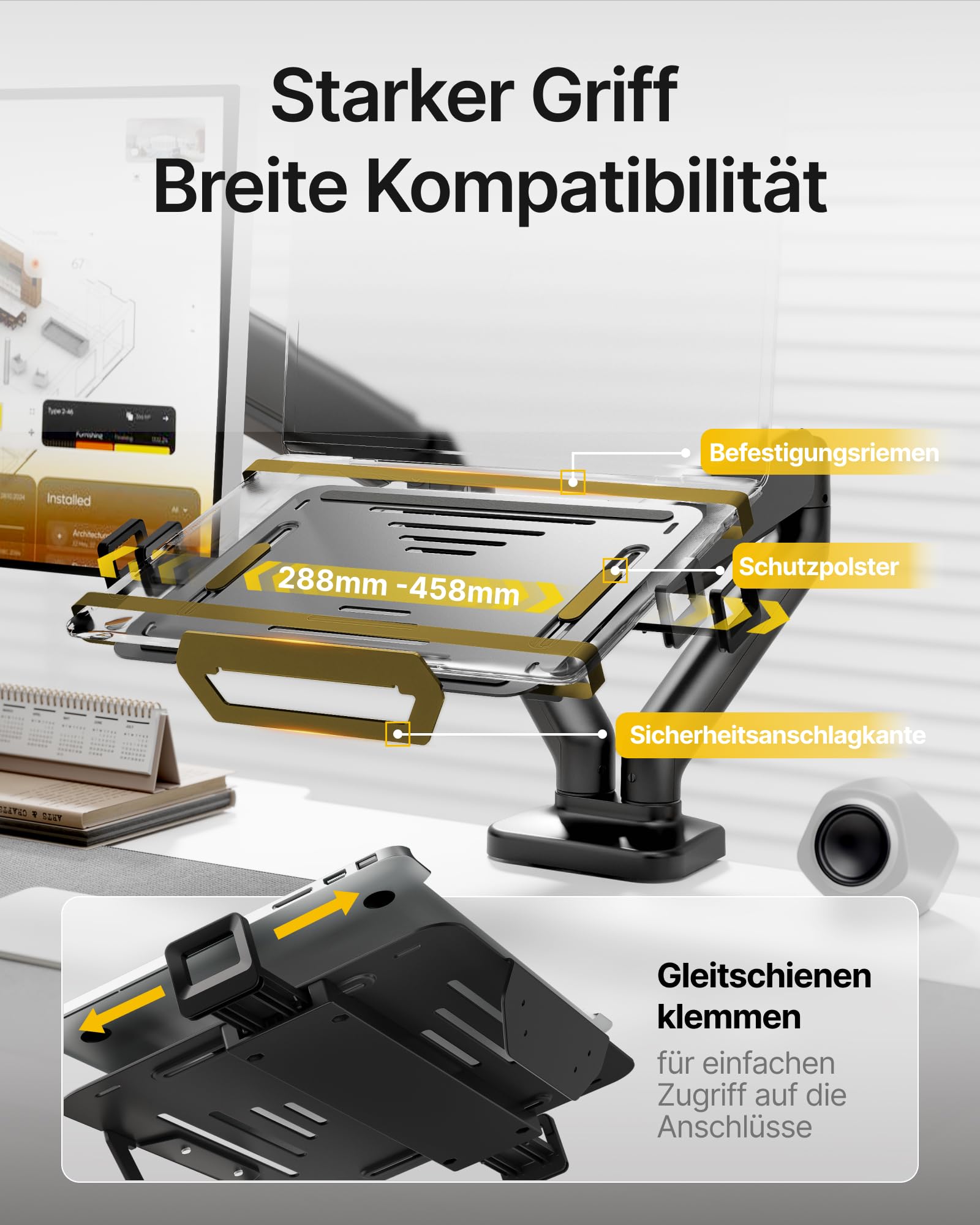 monTEK Laptop Halterung für Bildschirme bis 32 Zoll, Notebooks bis 18 Zoll | Dual Monitor Arm，Verstellbarer Laptop-Halterung, trägt bis zu 9 kg, Laptop Arm mit Klemme/Durchführungsbasis
