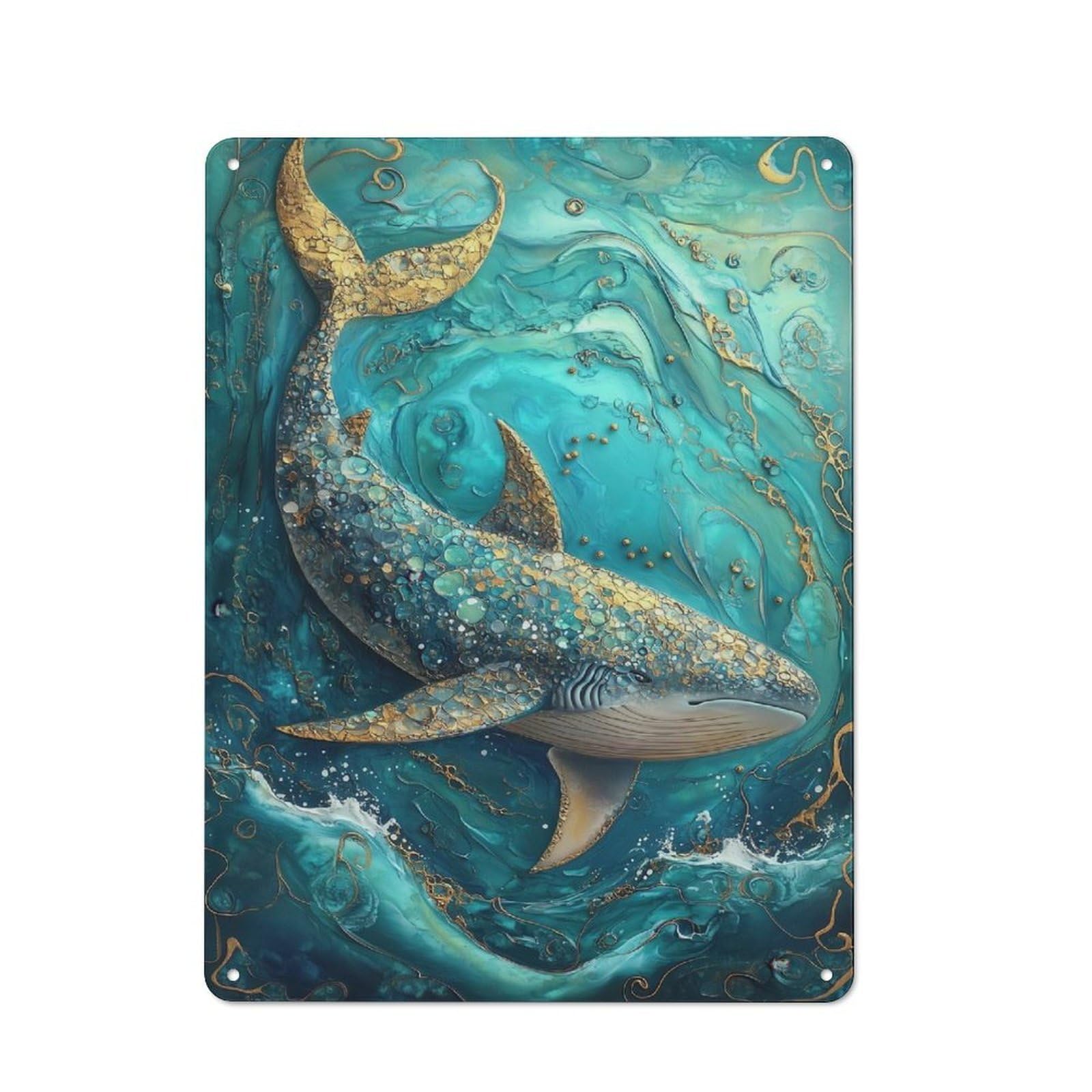 Junmoney Golden Whale Painting Tin Wall Plaque 40X30cm With For Bar Or Restaurant, Housewarming Wall Decor For People Furnishing Bar And Restaurant
