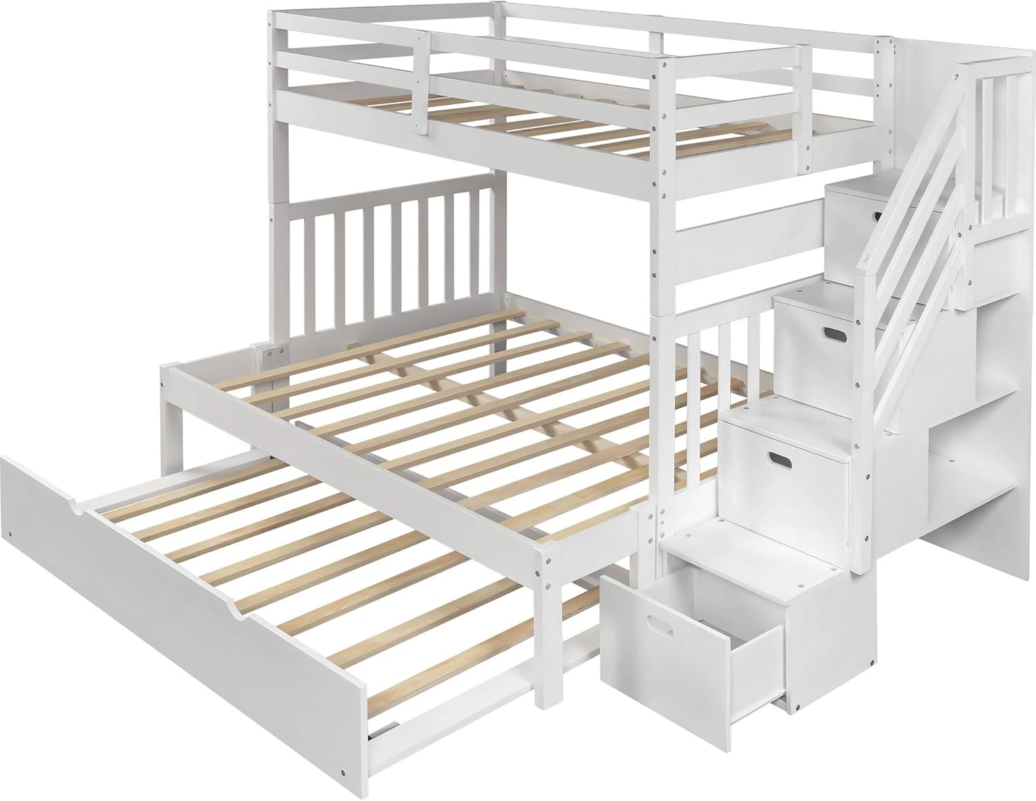 Bellemave Wood Bunk Bed with Trundle, Twin Over Full Bunk Beds Frame with Ladder and Safety Guardrail, White