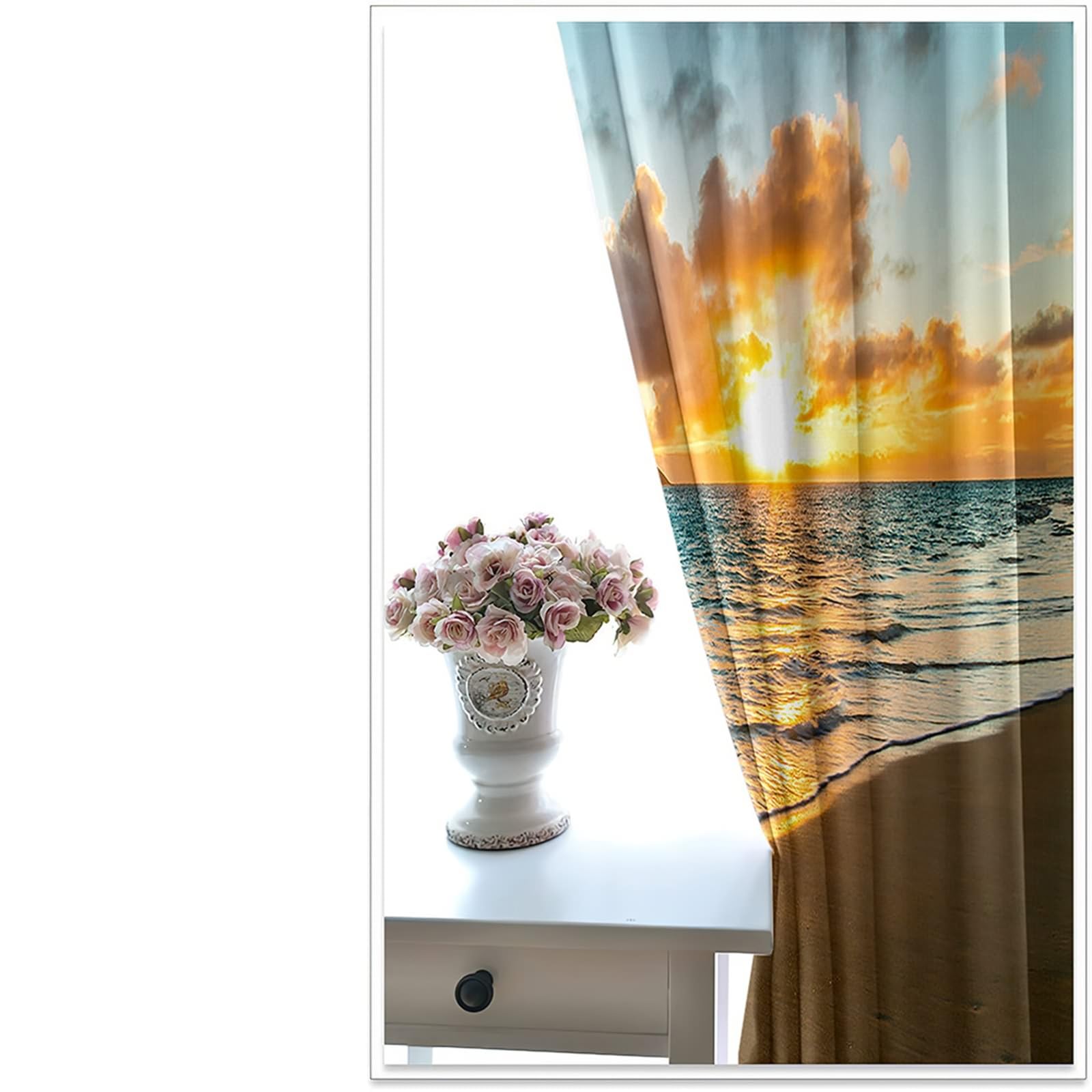 Gardinen Verdunklung 229 cm Lang, Abdunkelnde Vorhänge mit Ösen 2er Set Blau Grün Braun Sonnenuntergang Strand Landschaft Vorhang für Wohnzimmer Schlafzimmer, 86x229 cm(BxH)