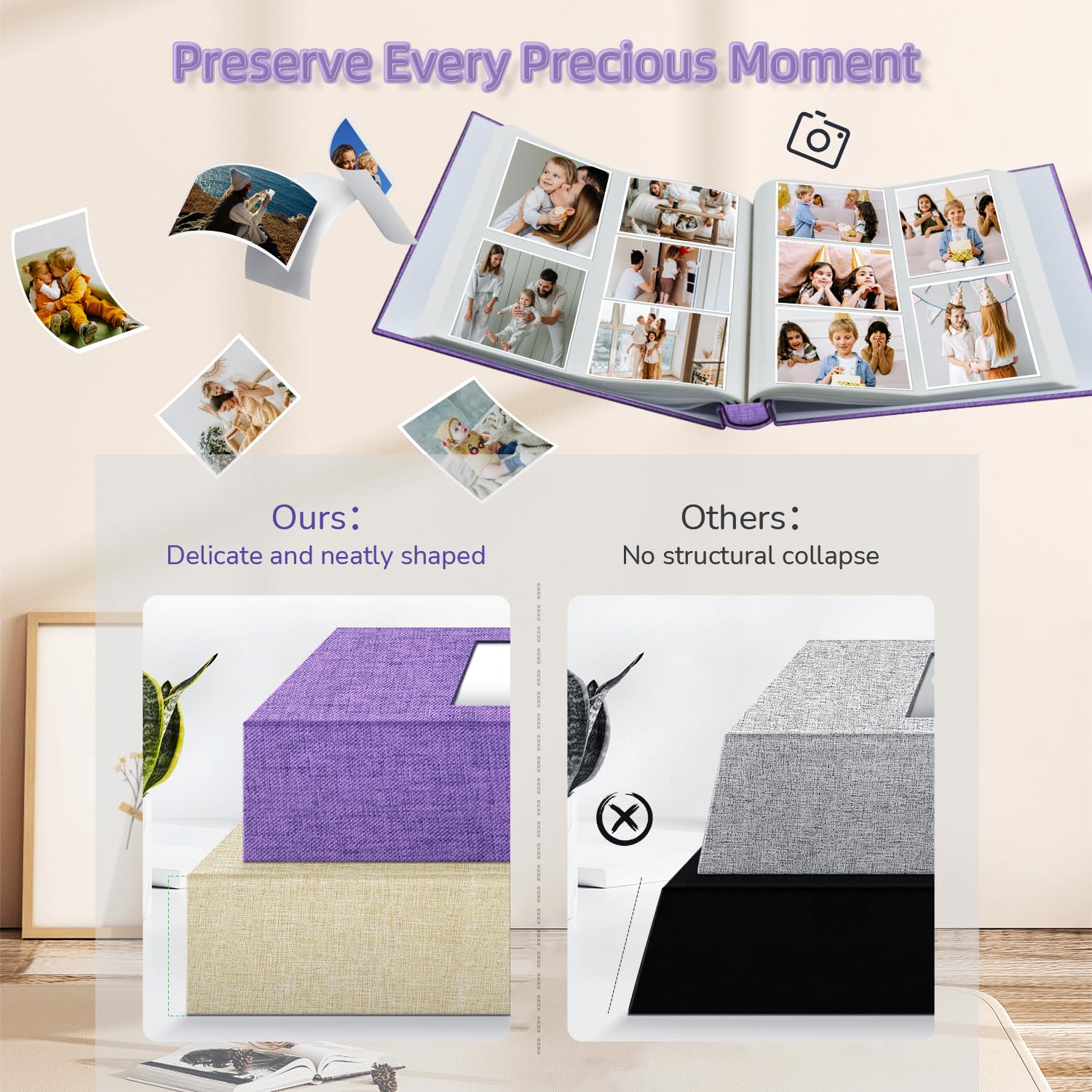 Popotop Álbum de fotos de 6 x 4 pulgadas, 600 bolsillos, cubierta de lino con ventana de exhibición, álbum de fotos deslizante para bodas, recuerdos familiares, bebé, aniversario y vacaciones, álbum