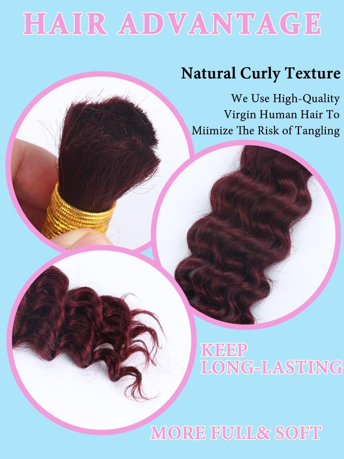 Sexycat Deep Curly Human Braiding Hair for Boho Braids 2 Bundles 14 Inch 100g,#99J Burgundy Water Wave Bulk Human Hair for Micro Braiding Wet and Wavy Human Hair Extensions - Image 4