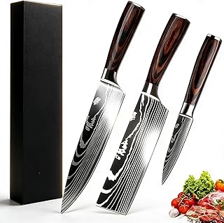 Messerset Scharfe, Kochmesser Set 3 Stück aus Hochwertigem Carbon Edelstahl, Küchenmesser Set mit Kochmesser, Nakiri Messer, Obstmesser, Geschenkverpackung
