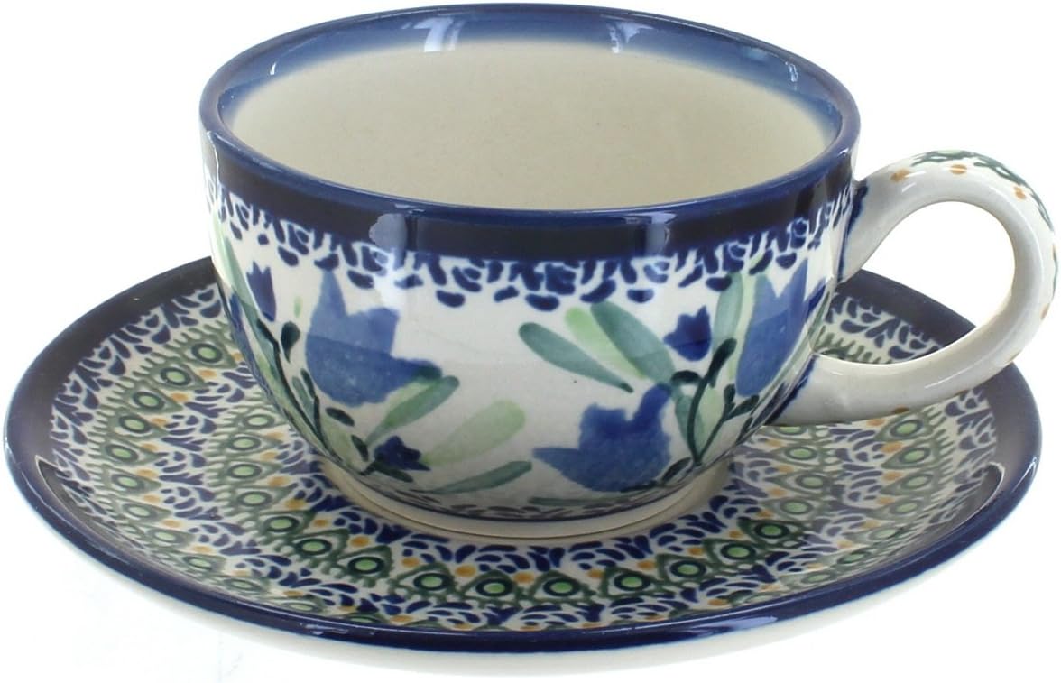 Blue Rose Polish Pottery - Blue Tulip Cup & Saucer - 6.75 oz Cup - Unique Mug & Saucer, Perfect for Breakfast