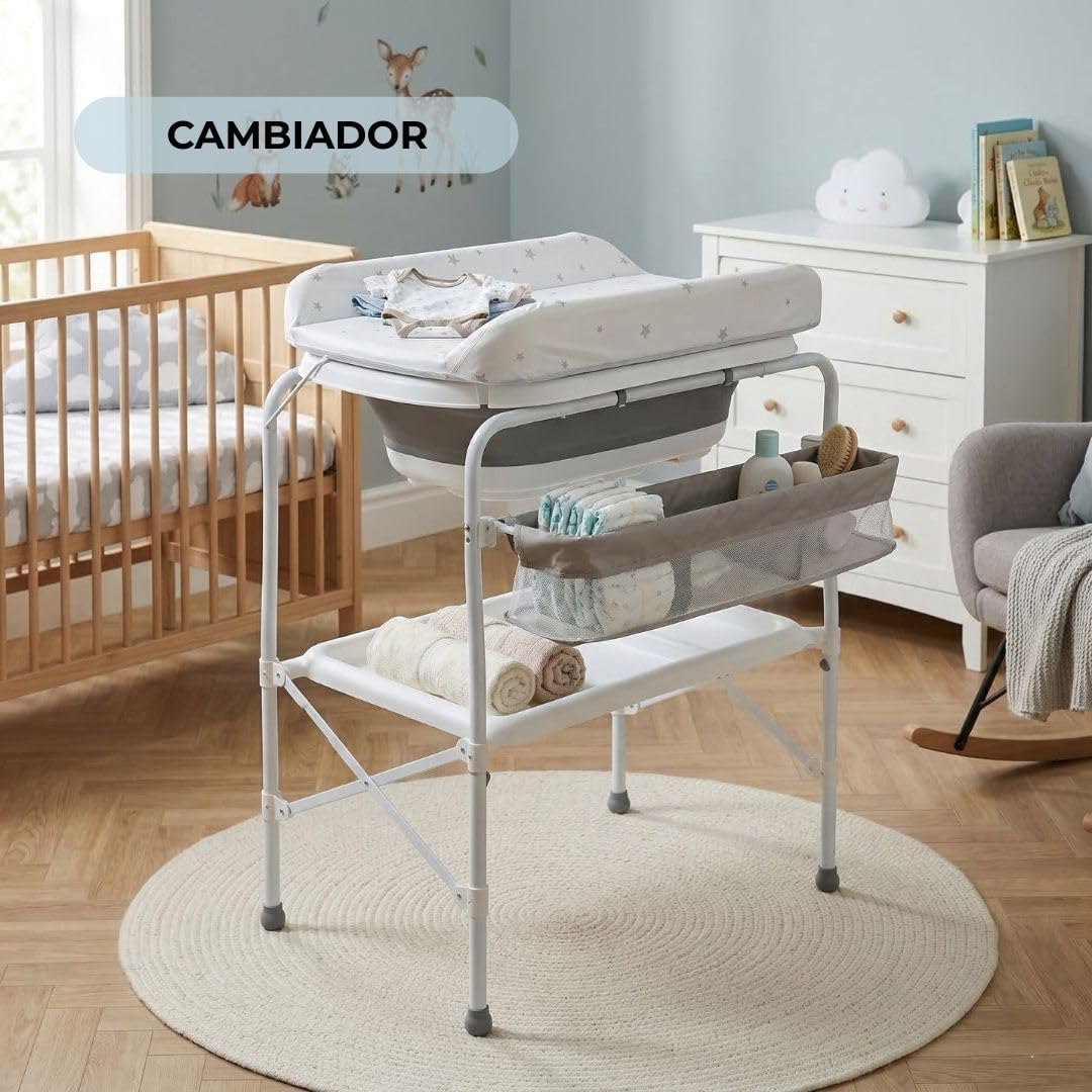 BATHBY Bañera Bebé con Patas Multifuncional 6 en 1: Plegable con Soporte, con Termómetro, Cojín Reductor, Cambiador, Bandeja y Cesta Organizadoras, Desagüe con Tubo y Soporte para Ducha, (Gris Pro)