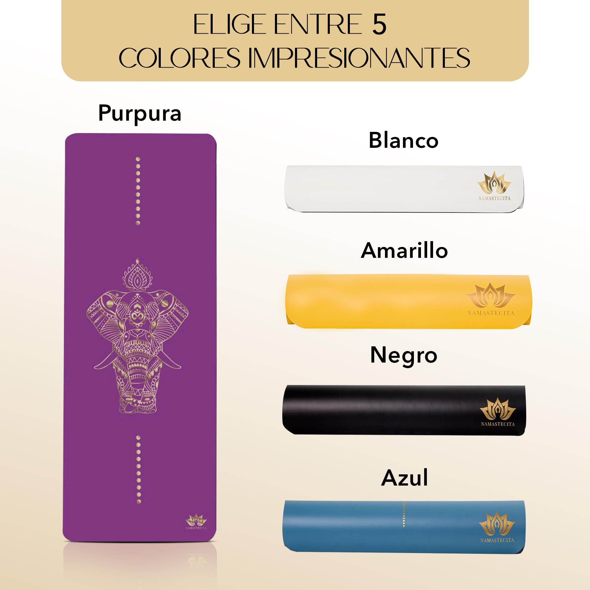 Yoga Mat, Edición Dorada Elefante, Esterilla de yoga antideslizante, Materiales ecologicos, Colchoneta para pilates y yoga incluye bolsa de transporte