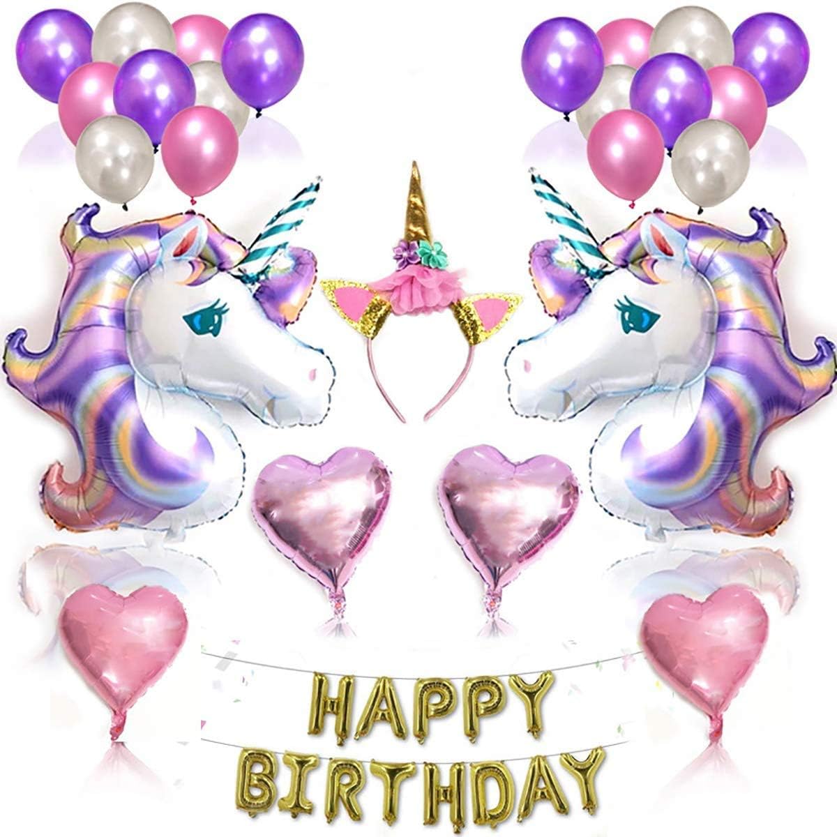 Mumoobear Unicorn Party Supplies Set, Glitter Headband Unicorn Balloons Gold Happy Birthday Banner Latex And Foil Balloons Decorations Kit ( 26 Value Pack)