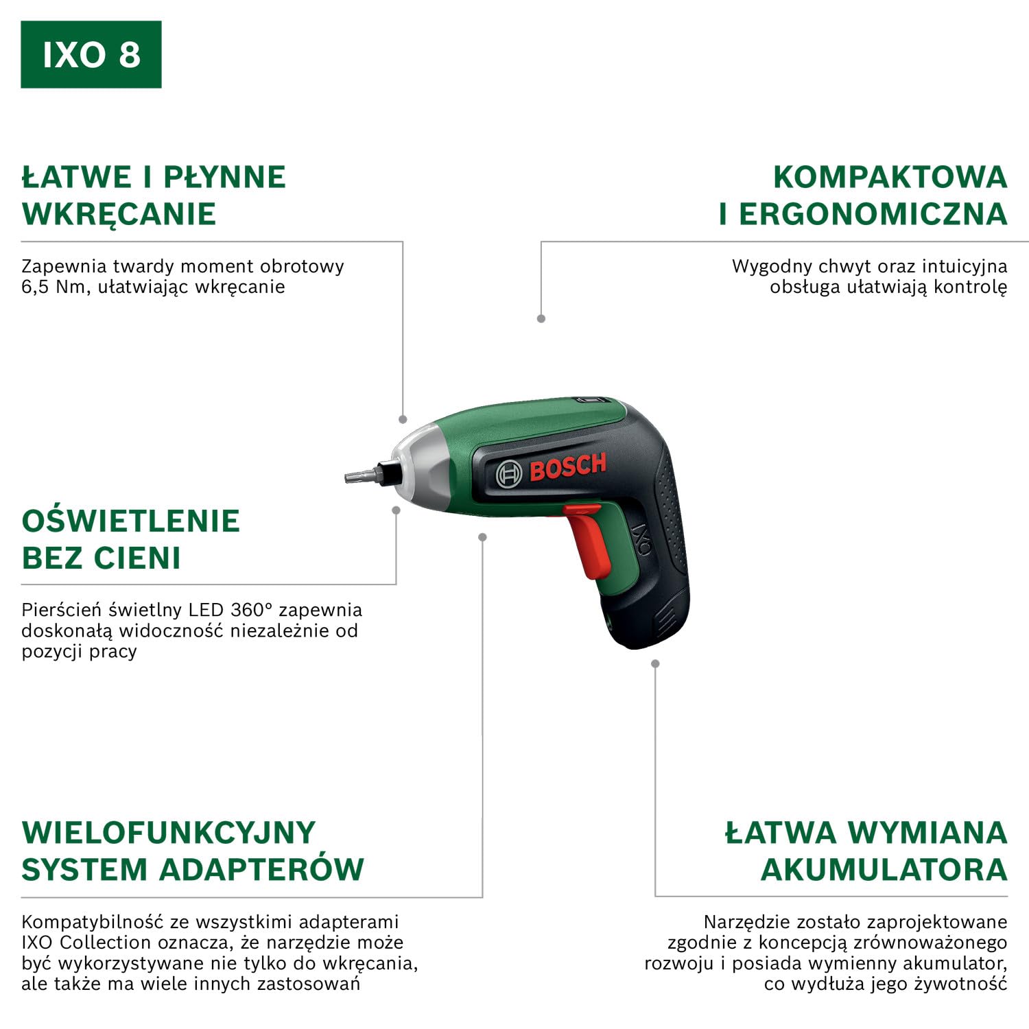 Bosch IXO 8 Wkrętarka akumulatorowa (z adapterem kątowym i mimośrodowym, 10-częściowym zestawem bitów i akumulatorem, w walizce)