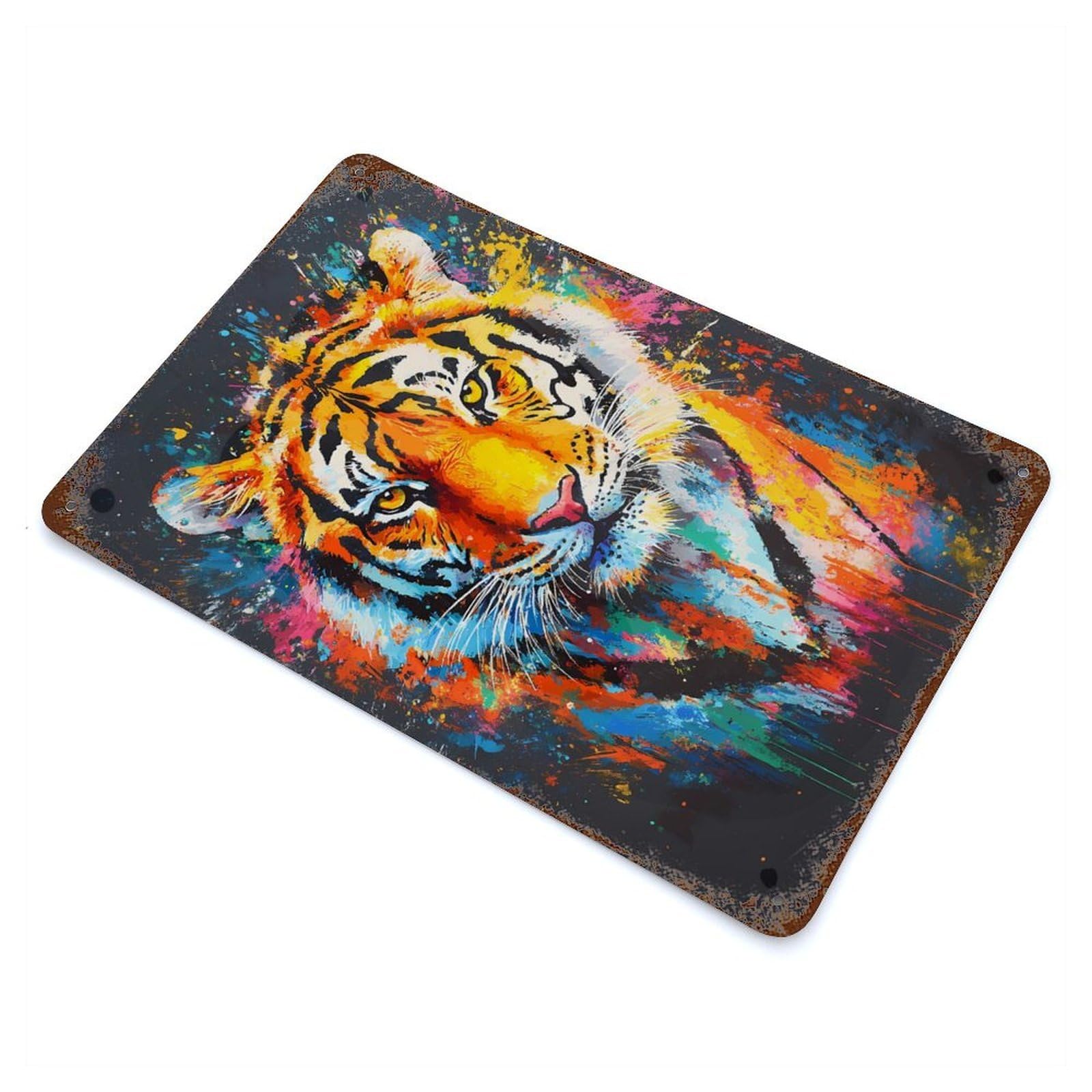 Vintage Rust Metal Sign Colorful Tiger Portrait 11.8"x7.9", Decorative Metal Wall Art for Basement, Hobby Room And Garage Decor