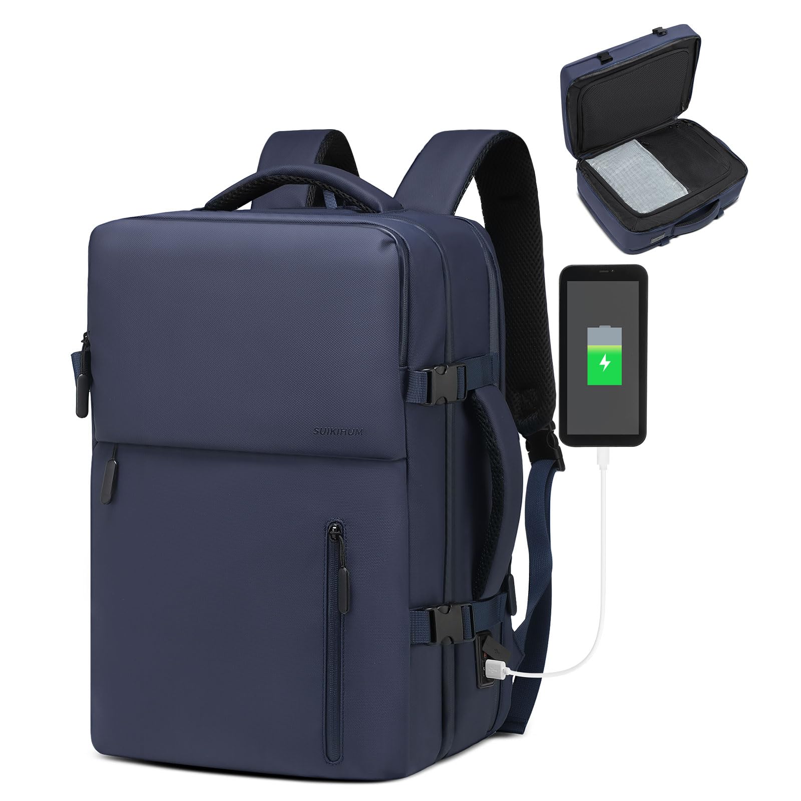 SUIKIHUM Business Travel Carry on Backpack, Lay Flat Luggage Style Bag with USB C & A, Airline Approved