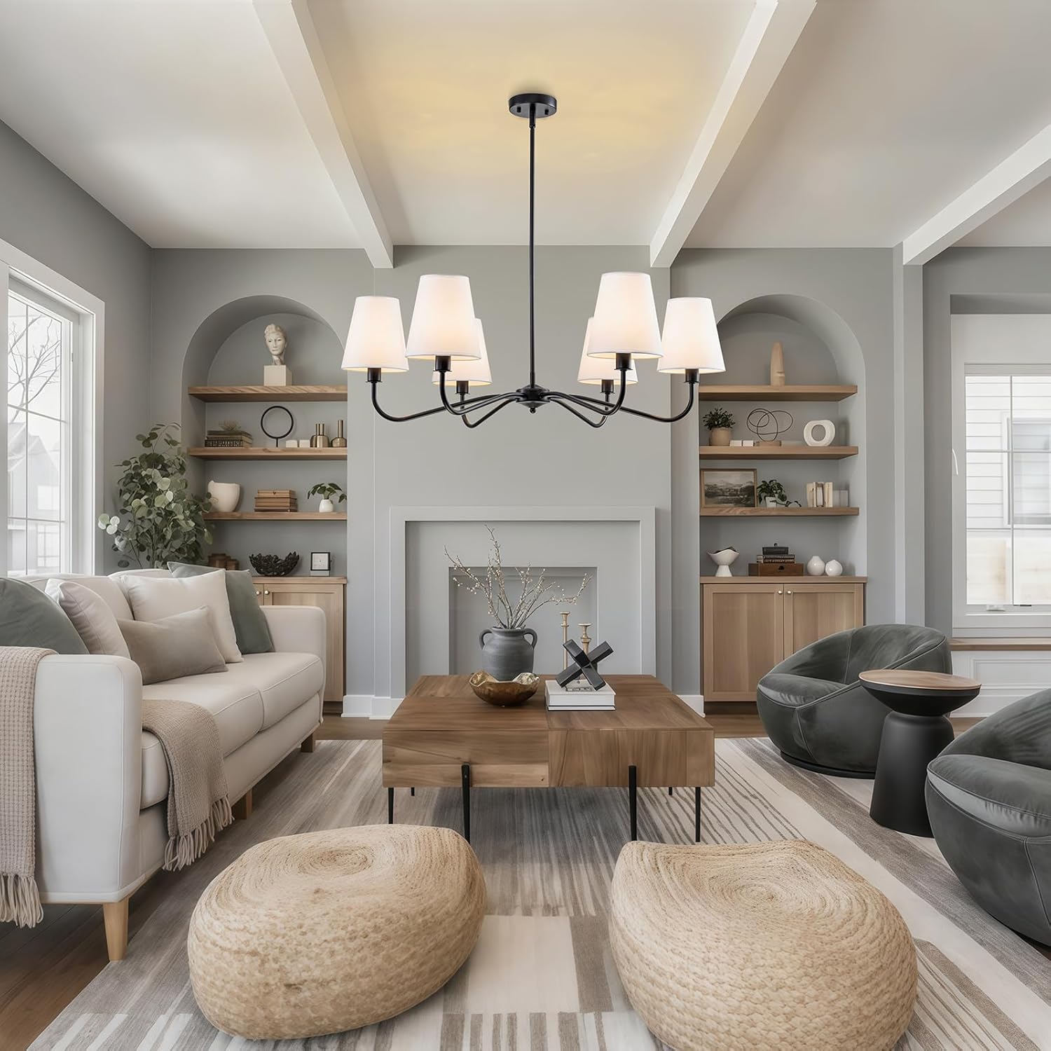 Black Farmhouse Chandeliers with White Fabric Shade,36" 6-Light Modern Dining Room Light Fixture with E12 Pendant Hanging Light for Kitchen Island over Table Living Room Bedroom Entryway Foyer