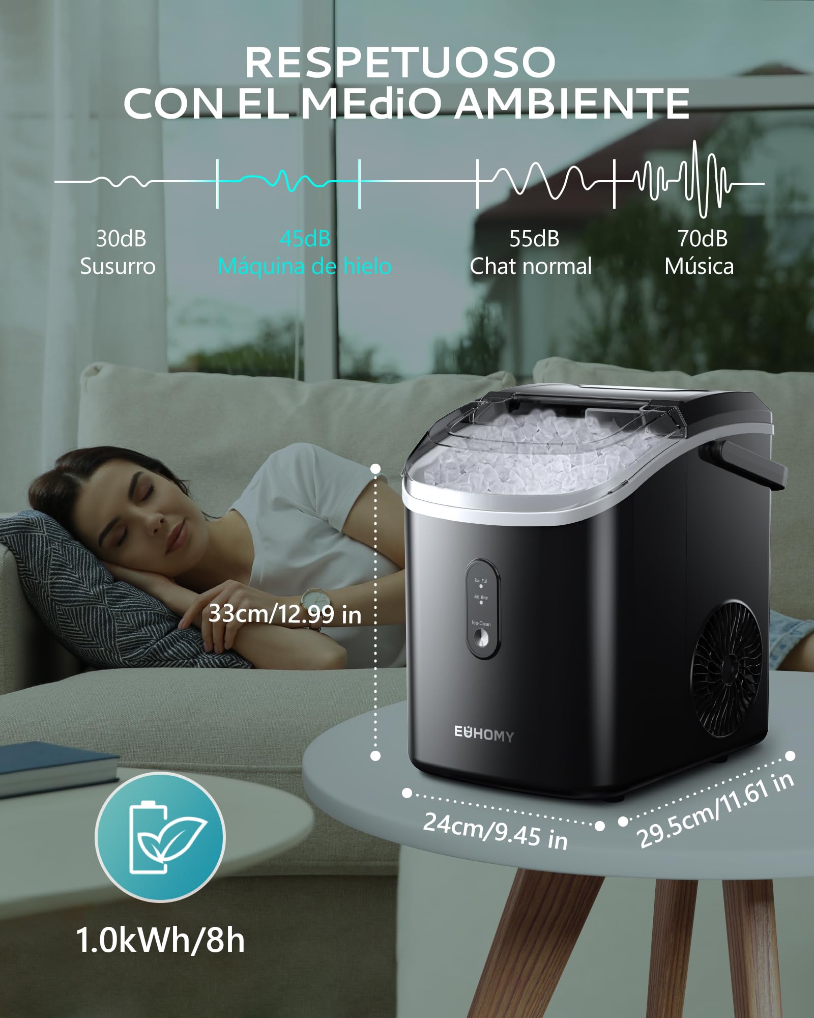 EUHOMY Máquina de cubitos de hielo, 15 kg/24h, fabricación en 6 minutos, máquina de hielo triturada, limpieza automática, 120 W, máquina de cubitos de hielo de mesa, sensor infrarrojo Negra