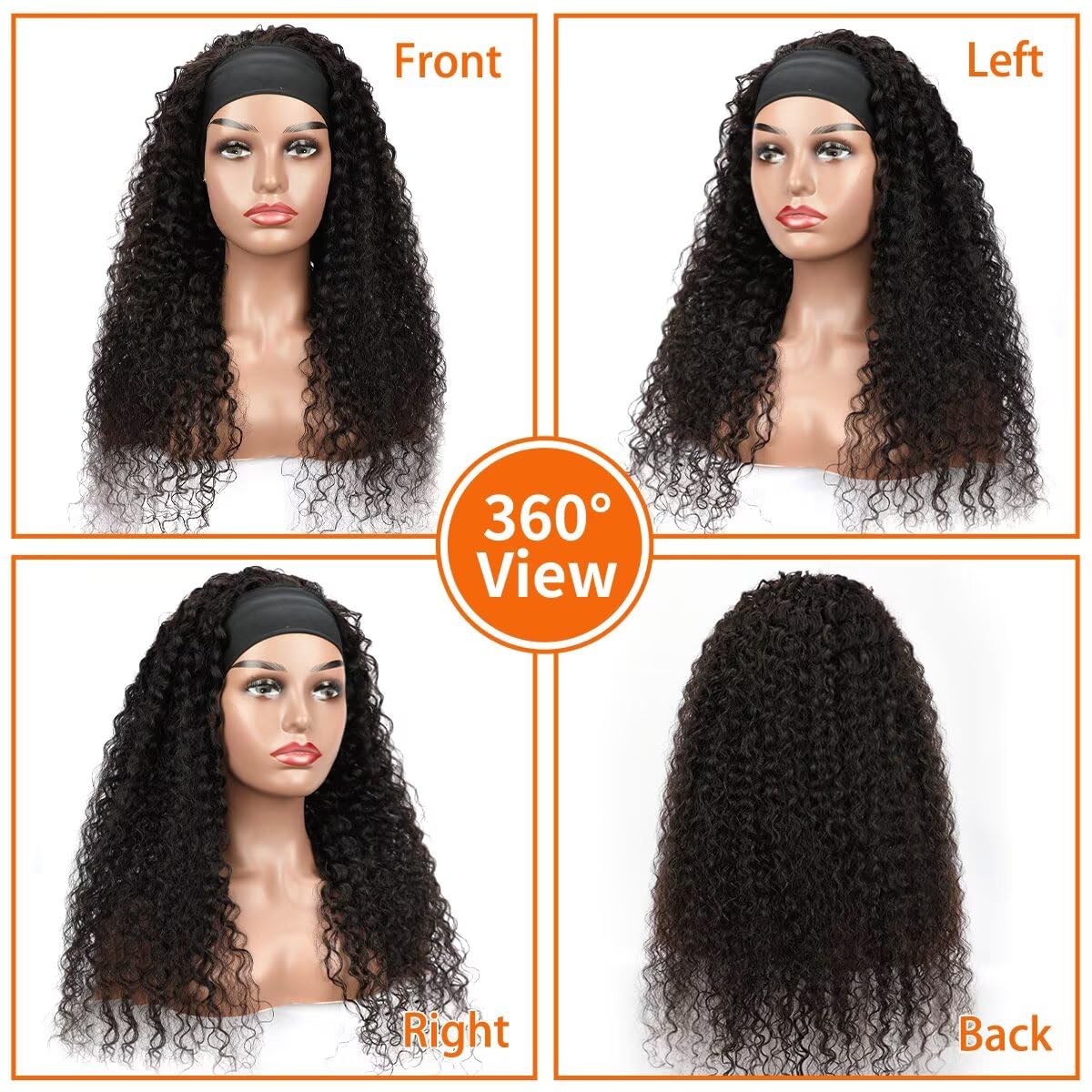 Headband Wig Human Hair 12A Deep Wave Headband Wig 200% Density Glueless None Lace Front Wigs for Women Machine Made Deep Curly Wear and Go Wigs Curly Headband Half Wigs Natural Color 16 Inch