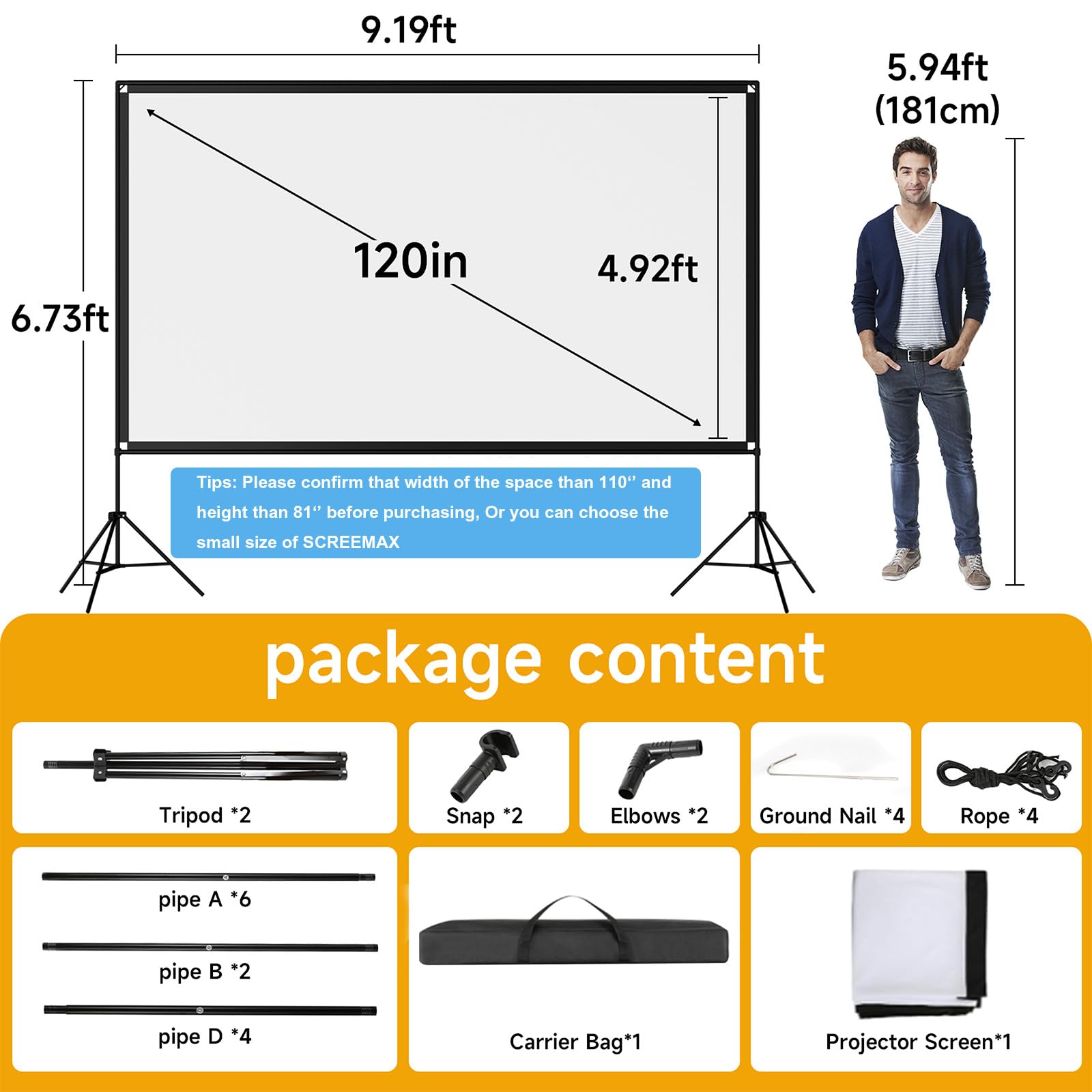 Écran de projection extérieur avec support, écran de projection pliable SCREENMAX de 120 pouces avec sac de transport portable, écran de projection 16:9 4K HD arrière sans plis pour soirée cinéma et