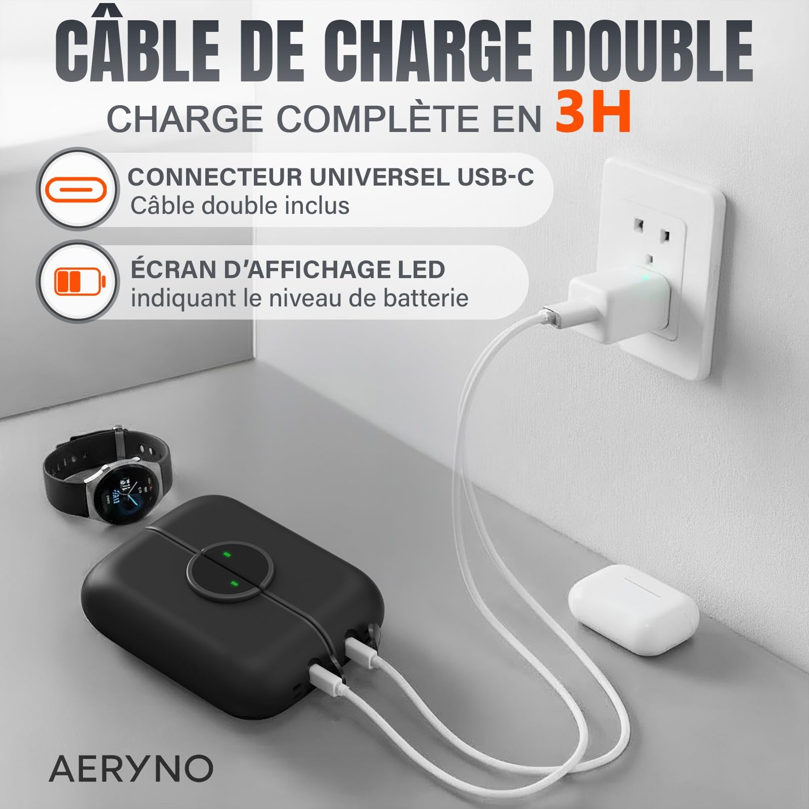 Chauffe-Main Rechargeable 6000mAh, écran Affichage LED, 4 Niveaux de Chaleur, Design Compact & élégant, USB-C, Chauffe Rapide, Ideal Voyage, Hiver et Cadeau - AERYNO