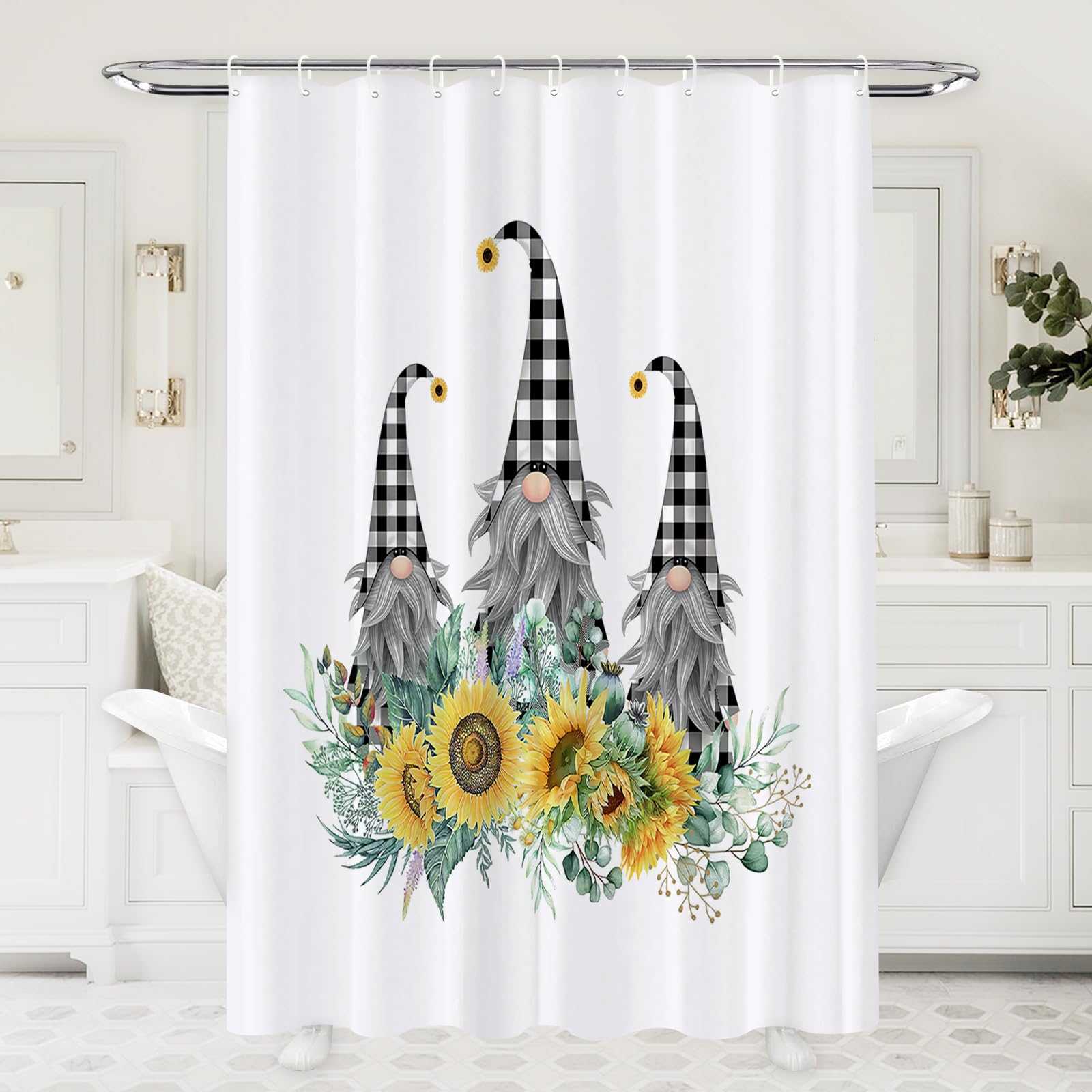 Abaysto Sunflower Gnomes Shower Curtain Checkered Plaid Shower Curtains,Spring Floral Plant Botanical Watercolor Green Leaves Bathroom Shower Curtains Set including Hooks Retro Bathroom Decor - Image 4