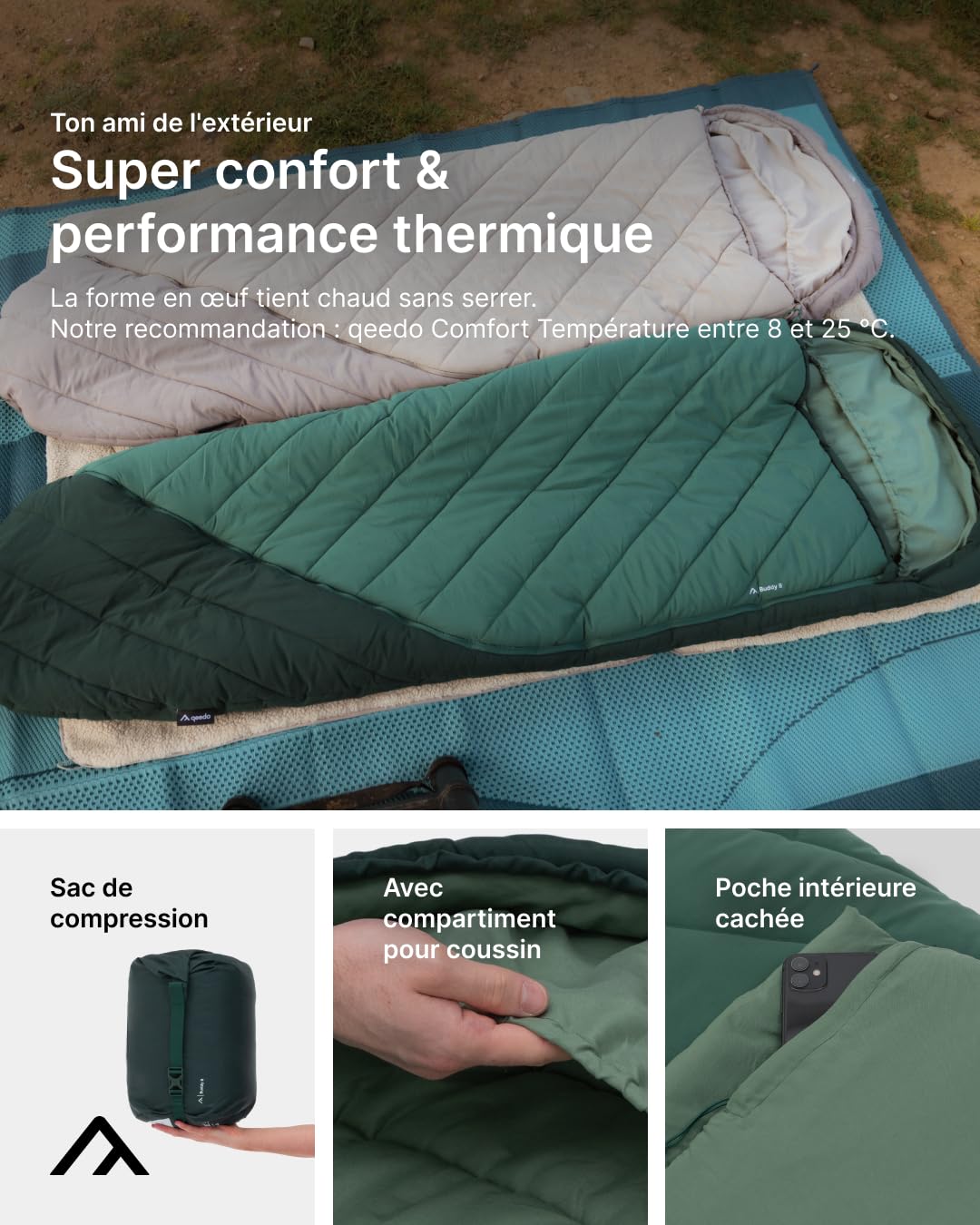qeedo Buddy XL 8 Sac de Couchage XXL, Extra Large, été Outdoor (8-25 °C) 3 Saisons - Sac de Couchage Momie pour Adultes et Adolescents (jusqu'à 220 cm), Surface Peau de pêche