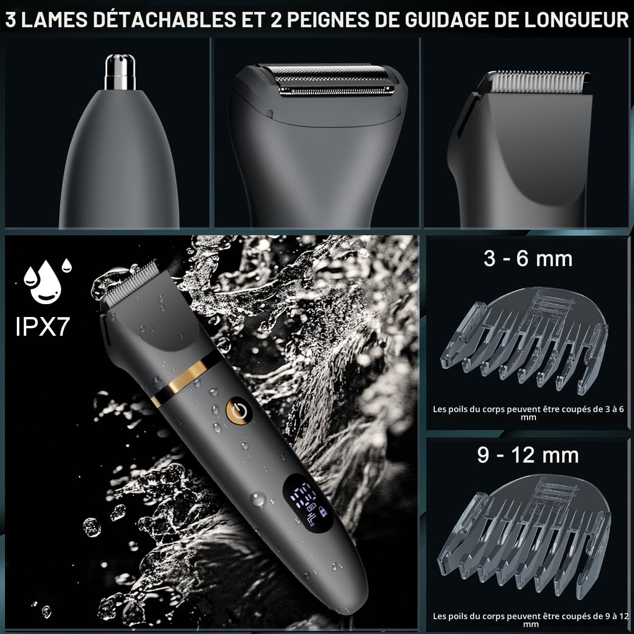 Scttomon Rasoir intime pour homme - Tondeuse intime - Tondeuse pour le corps - Rasoir pour homme - Zone intime - Tondeuse nasale - Affichage LCD - Étanche - 3 en 1