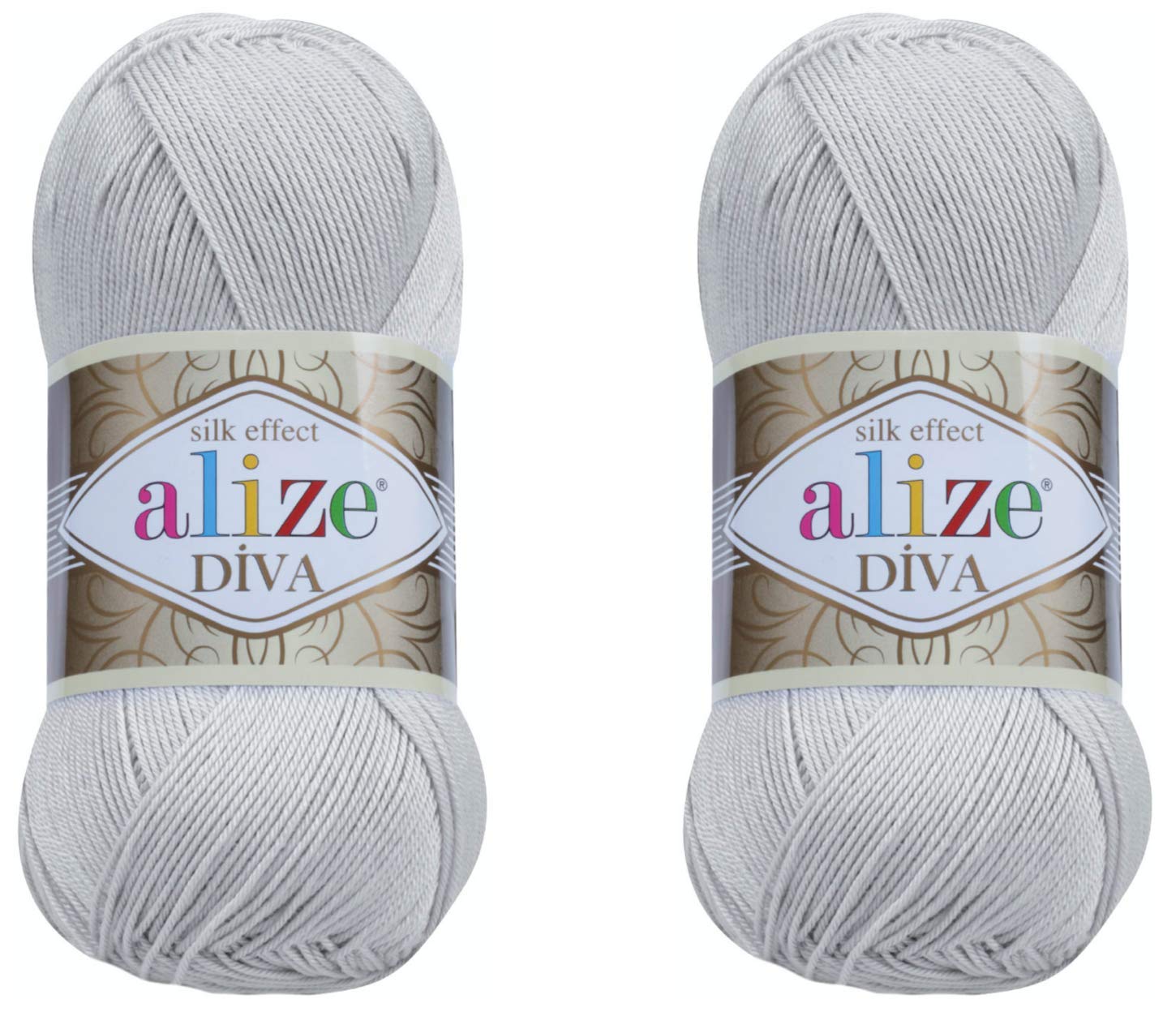 AlizeDiva Yarn Hand Knitting Yarn 100% Microfiber Acrylic Yarn Alize Diva Silk Effect Thread Crochet Art Lace Craft Lot of 2 skeins 200gr 767 yds (168-Light Grey)