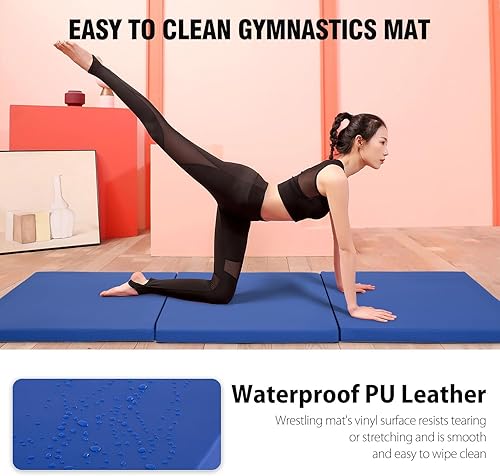 Miniatura 5 de Colchoneta de gimnasia para acrobacias, plegable, tapete de ejercicio para niños, adultos, tapete de yoga de piel sintética con asas de transporte