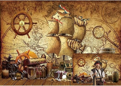 Caaerttply Telón de fondo pirata para fotografía, estilo vintage, corsario, barco, barco, fondo para fotos, 10 x 8 pies, mapa del tesoro náutico,